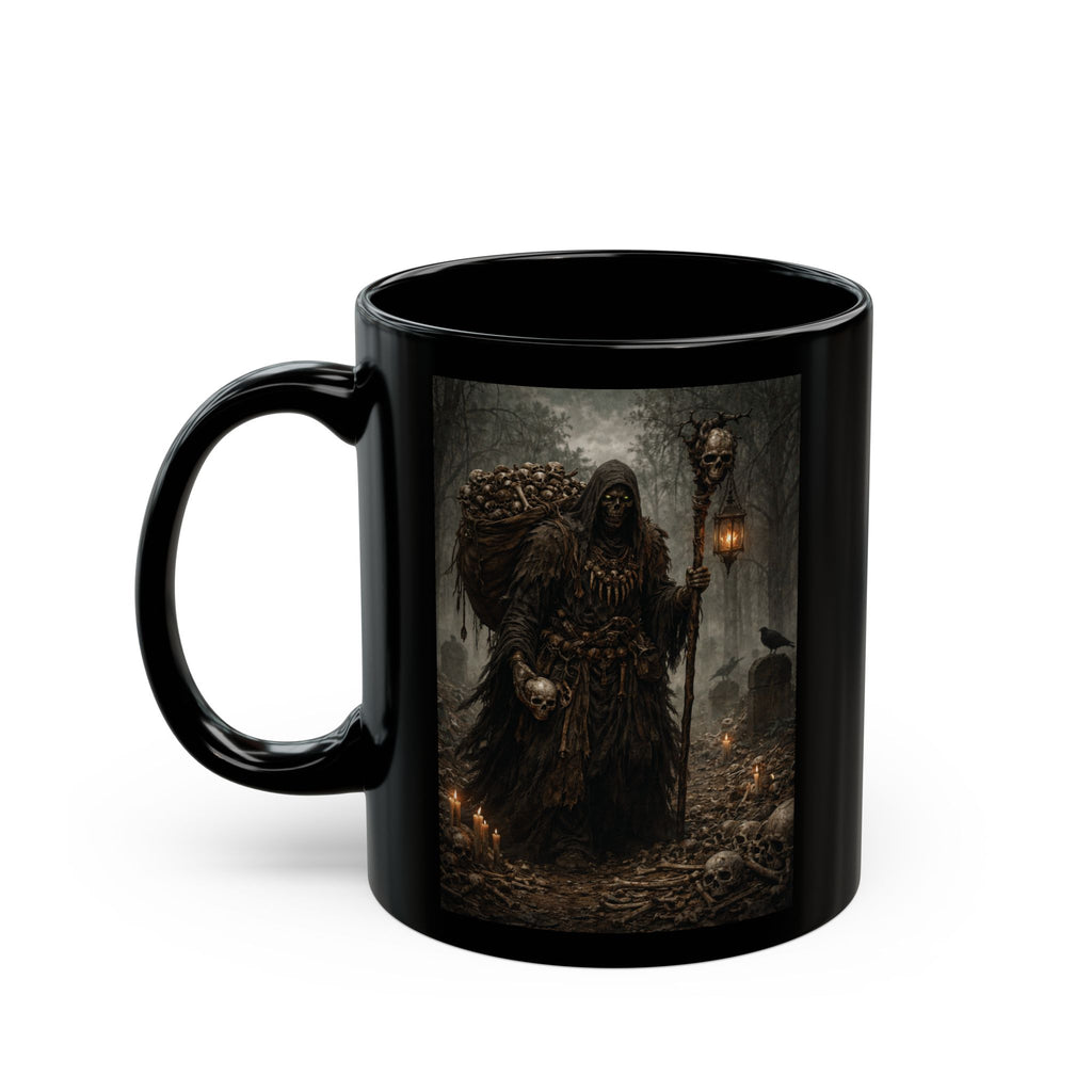 Bone Collector Grim Reaper Dark Fantasy Black Mug — Gothic Necromancer Illustration (11oz/15oz)