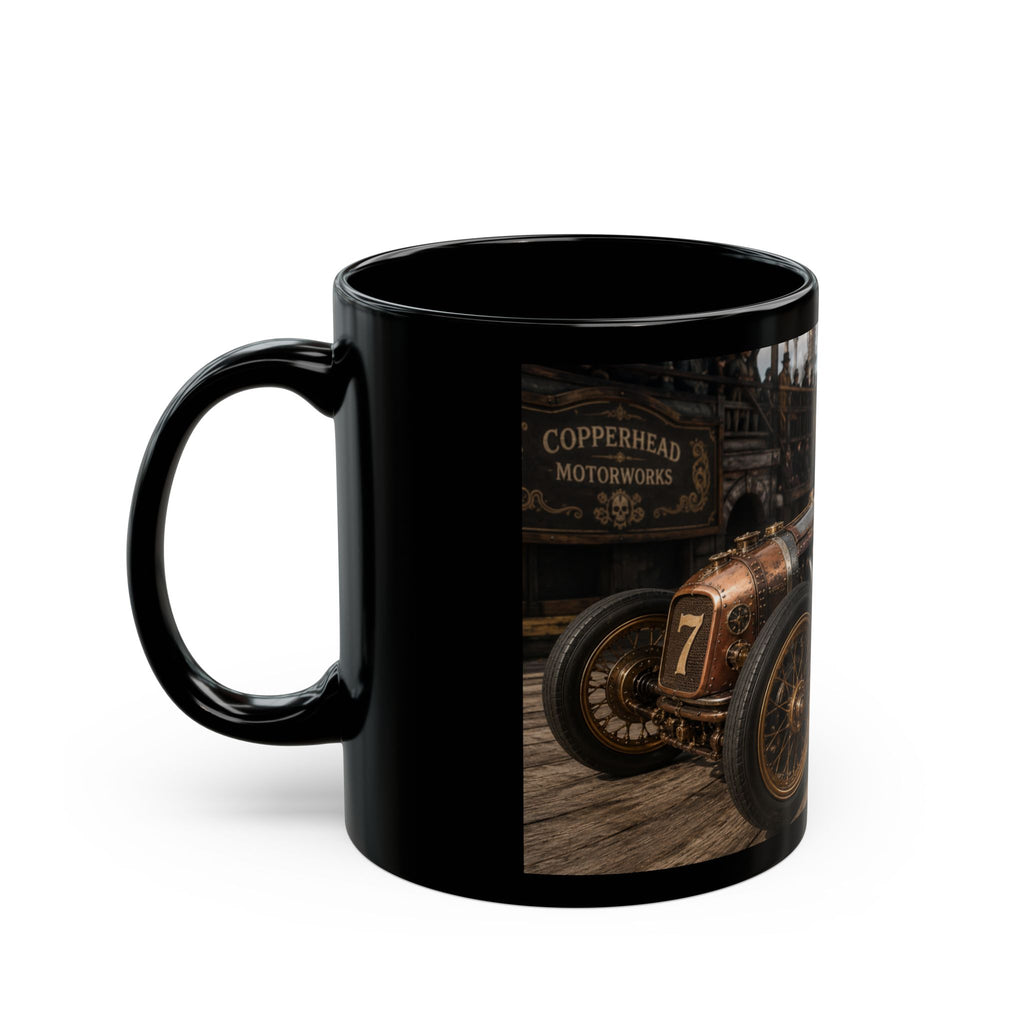 Steampunk Vintage Racecar Black Mug - 'Finish' Retro Racing Coffee Cup (11oz/15oz)