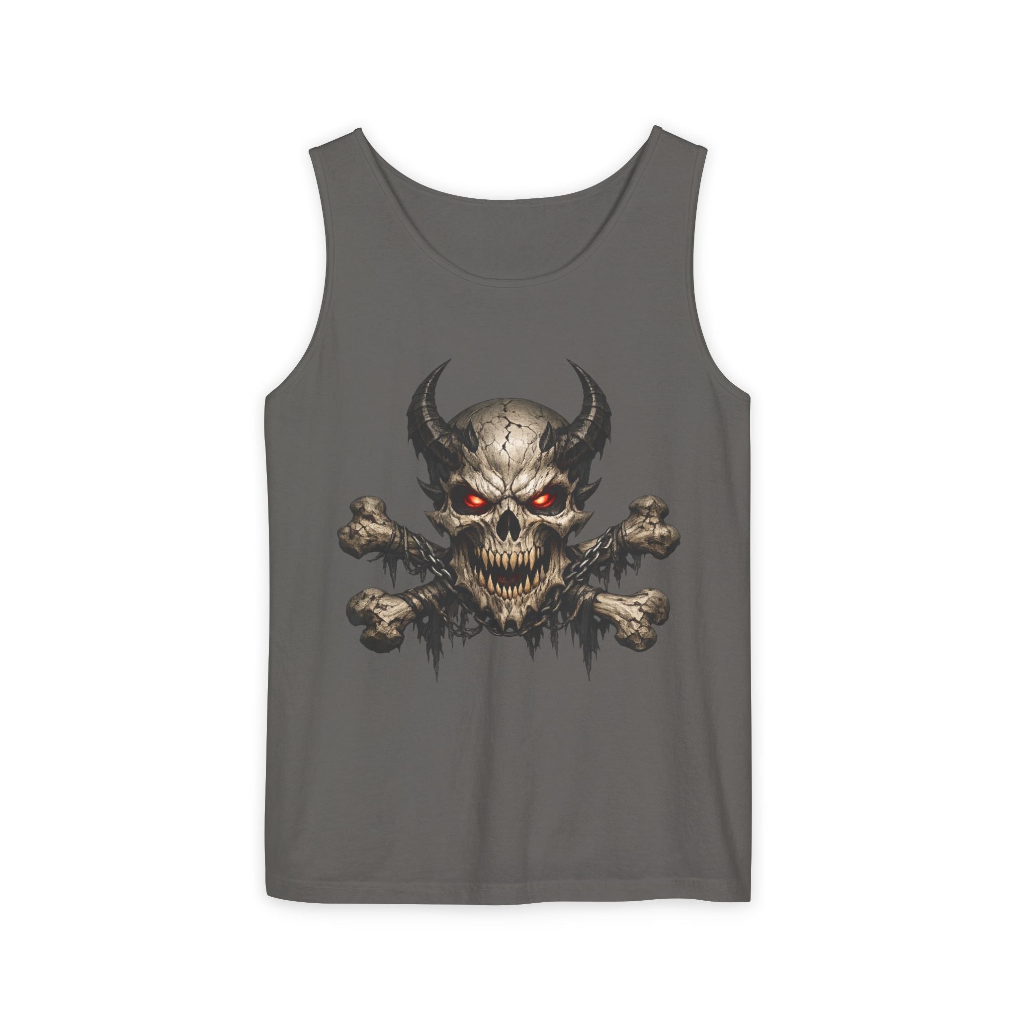 Demon Skull Tank Top — Red-Eyed Skull & Crossbones Graphic