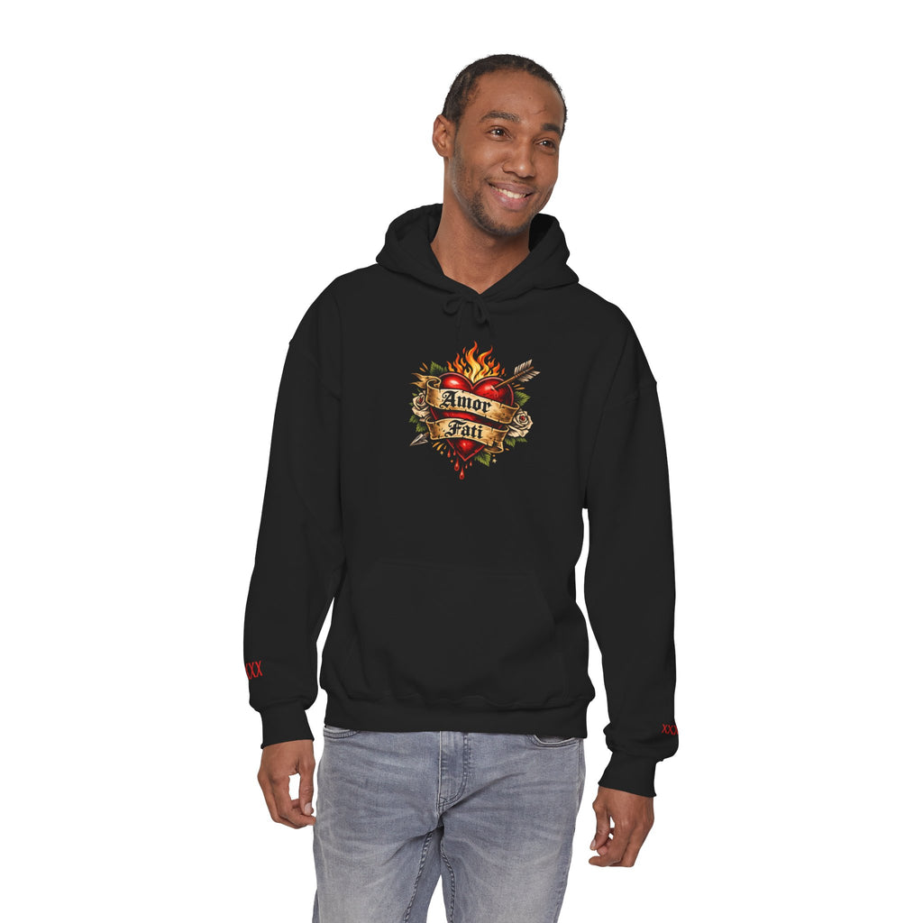 Amor Fati Flaming Heart Hoodie — Tattoo-Style Motivational Pullover