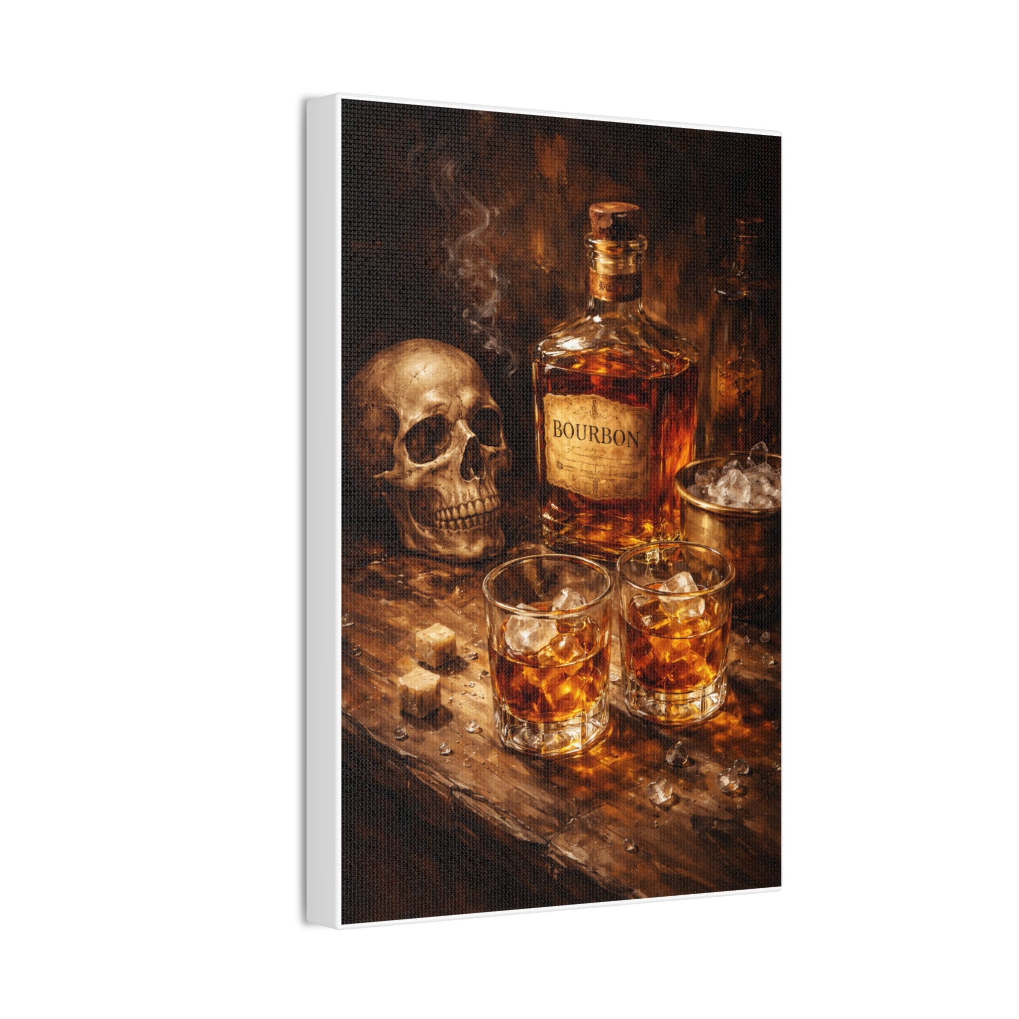 Bourbon Still Life Canvas Print — Skull & Whiskey Bar Art