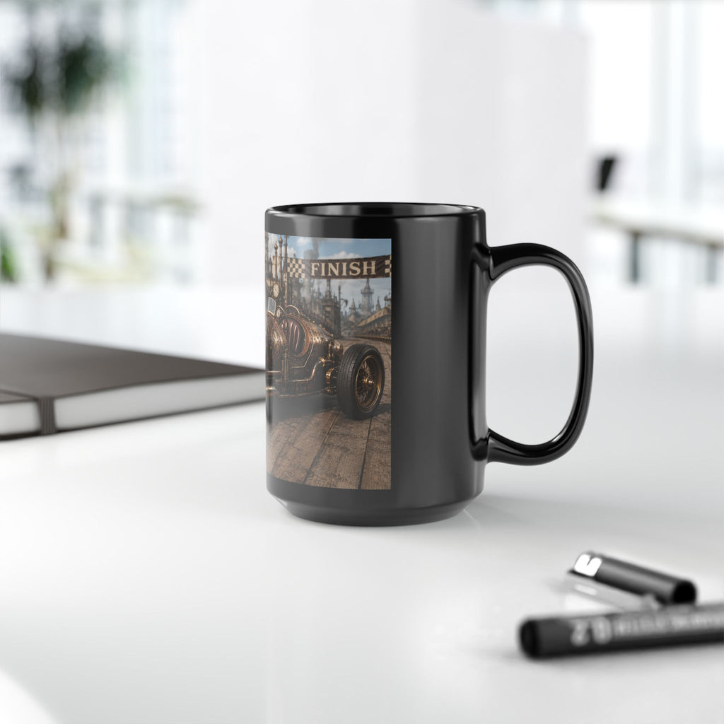 Steampunk Vintage Racecar Black Mug - 'Finish' Retro Racing Coffee Cup (11oz/15oz)