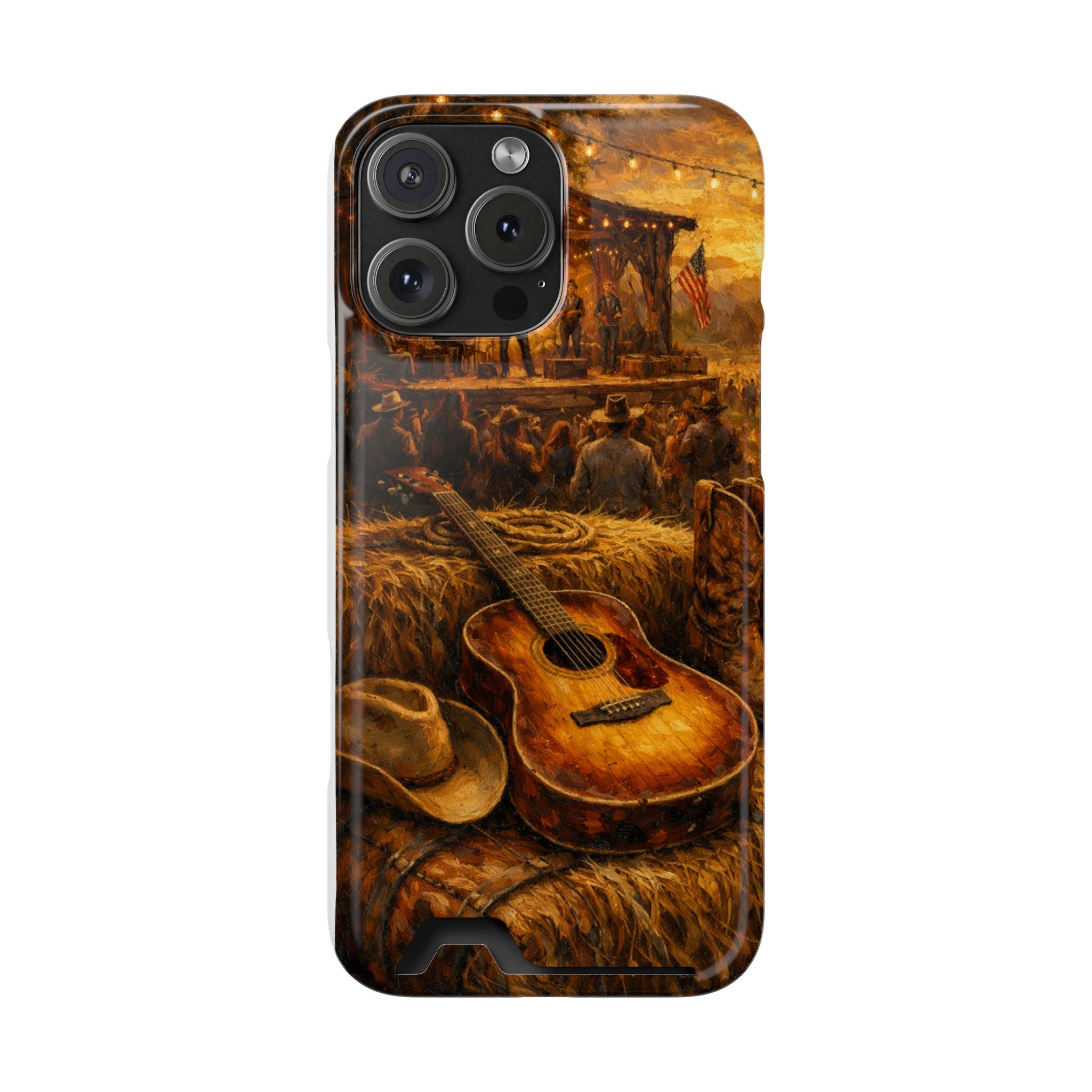 Country Music Guitar Phone Case with Card Holder — Rustic Concert Scene