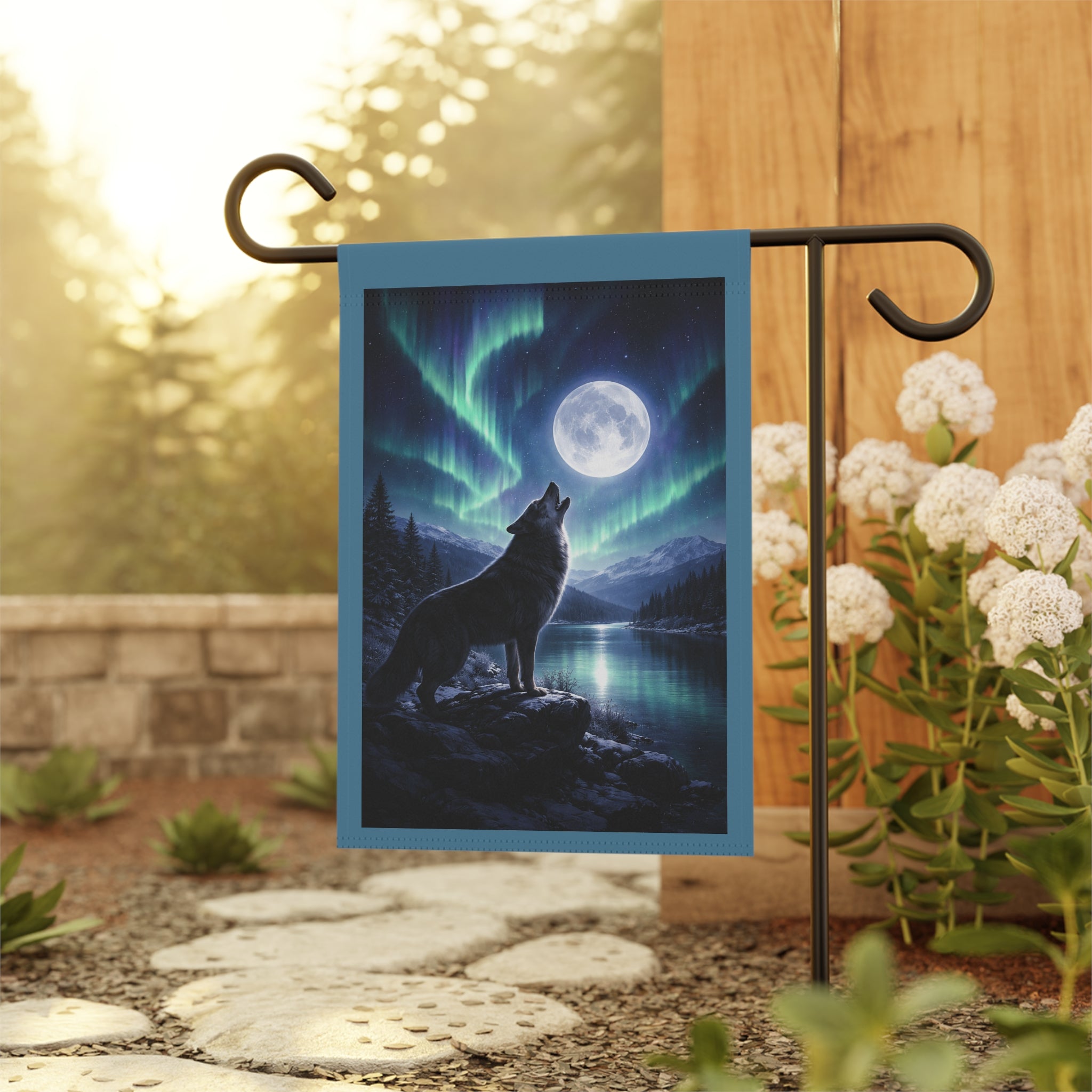 Howling Wolf Moon Garden Flag — Northern Lights Outdoor House Banner