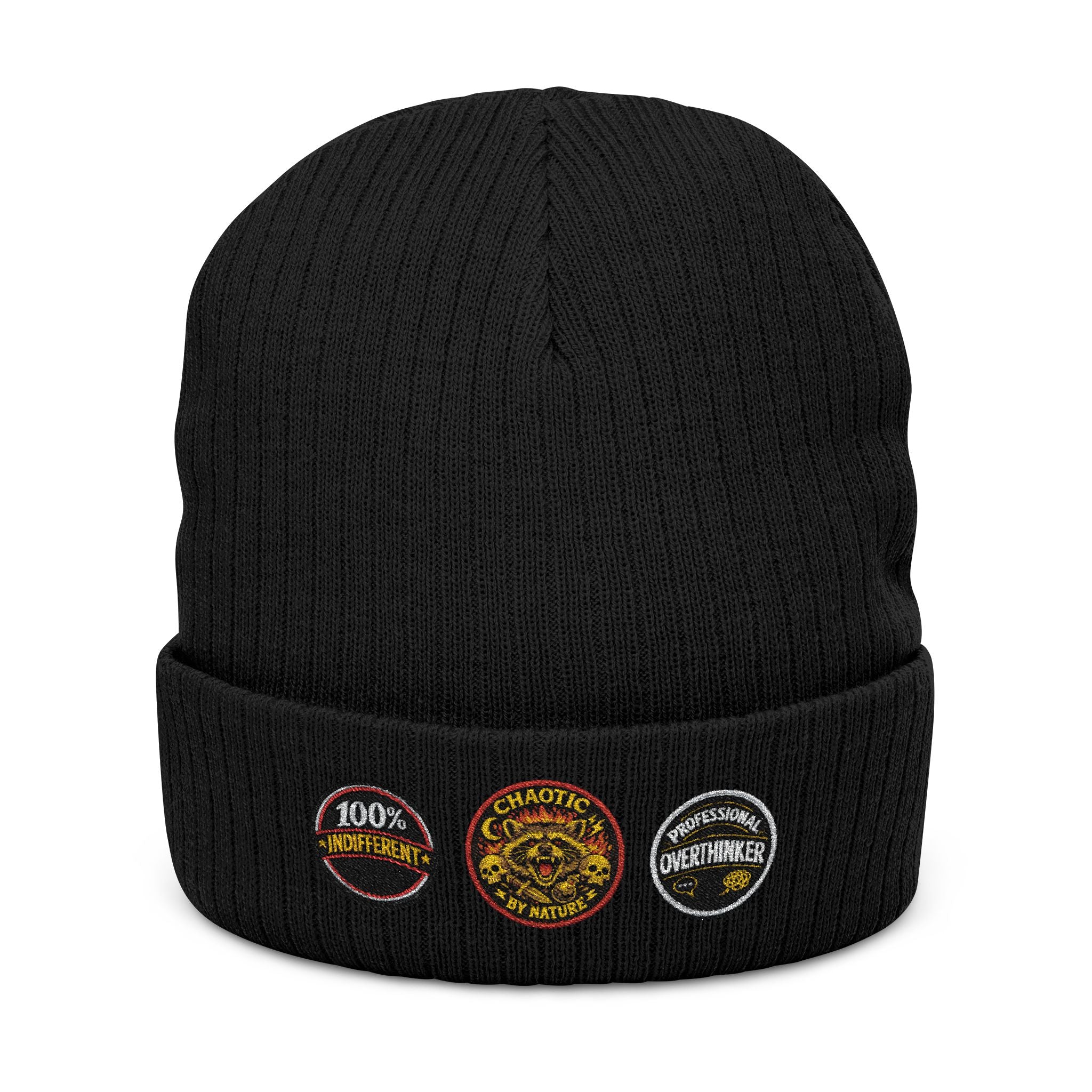Faux-Embroidered Patch Ribbed Beanie — Vintage Crest Trio Knit Hat