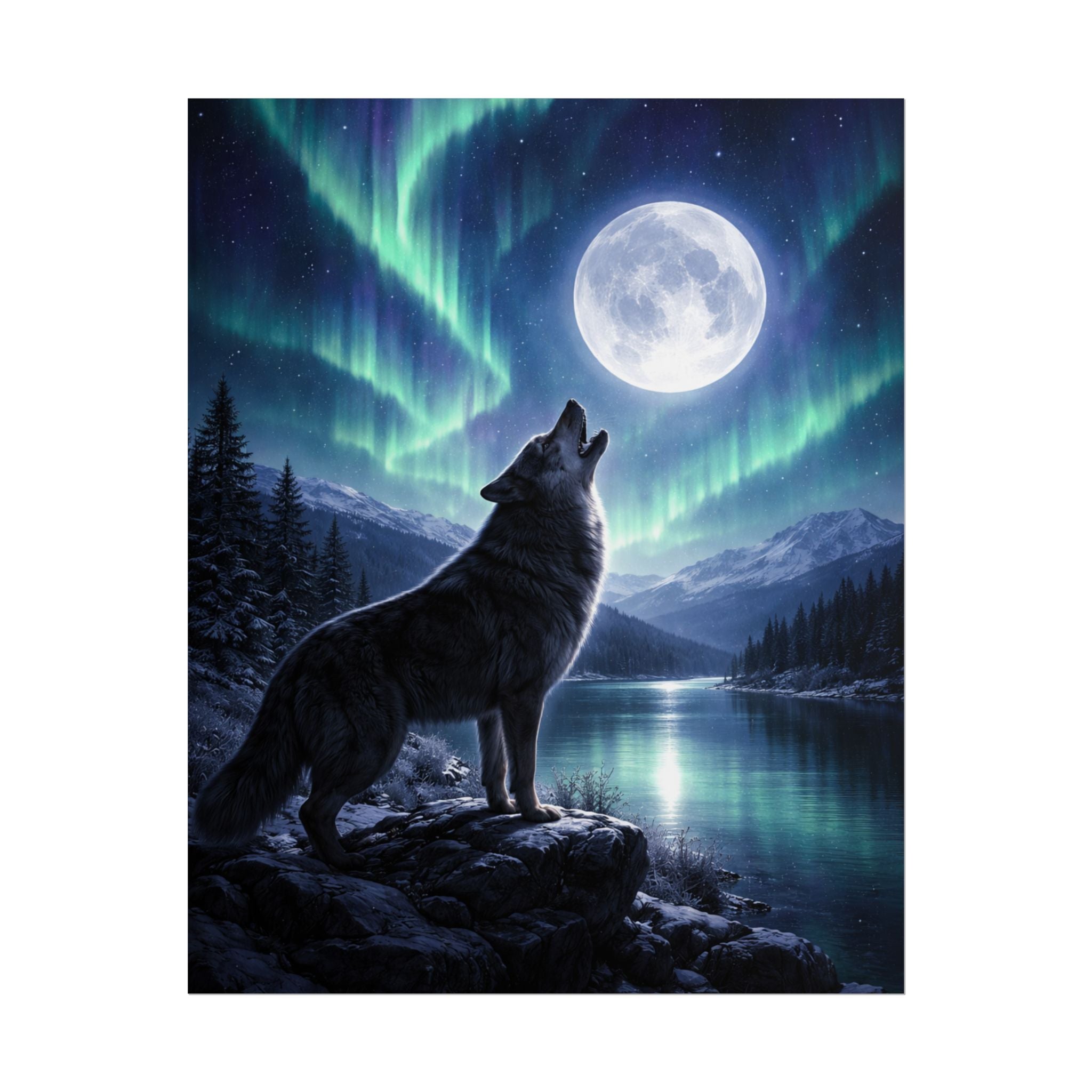 Wolf Howl Moon Poster – Northern Lights Landscape Wall Art