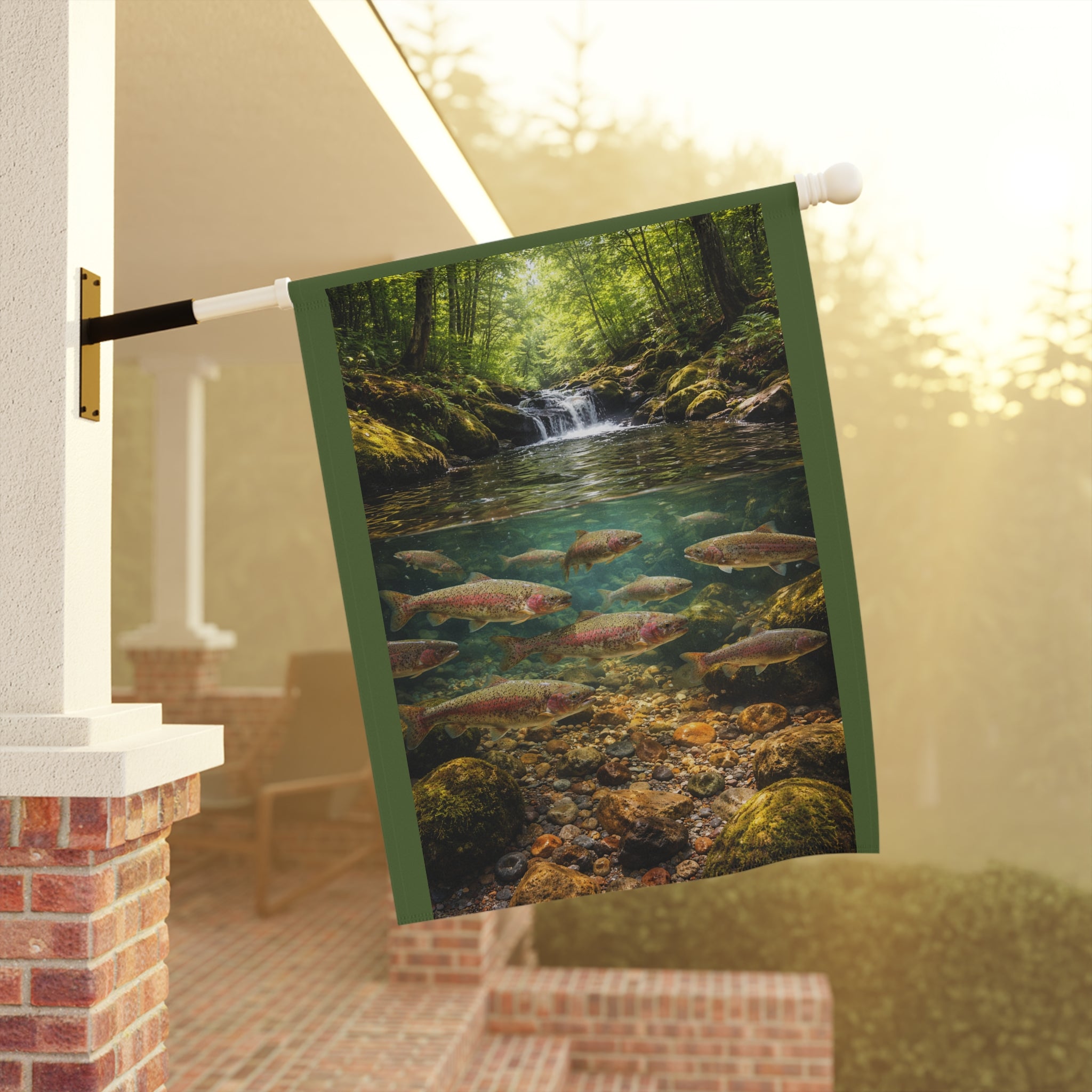 Trout Stream Garden Flag – Woodland Waterfall Yard Banner