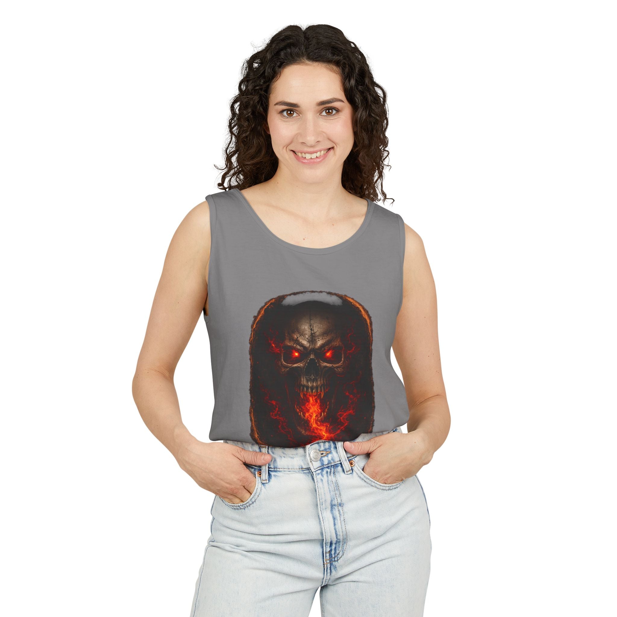 Demon Skull Flame Tank Top — Horror Graphic Summer Tee