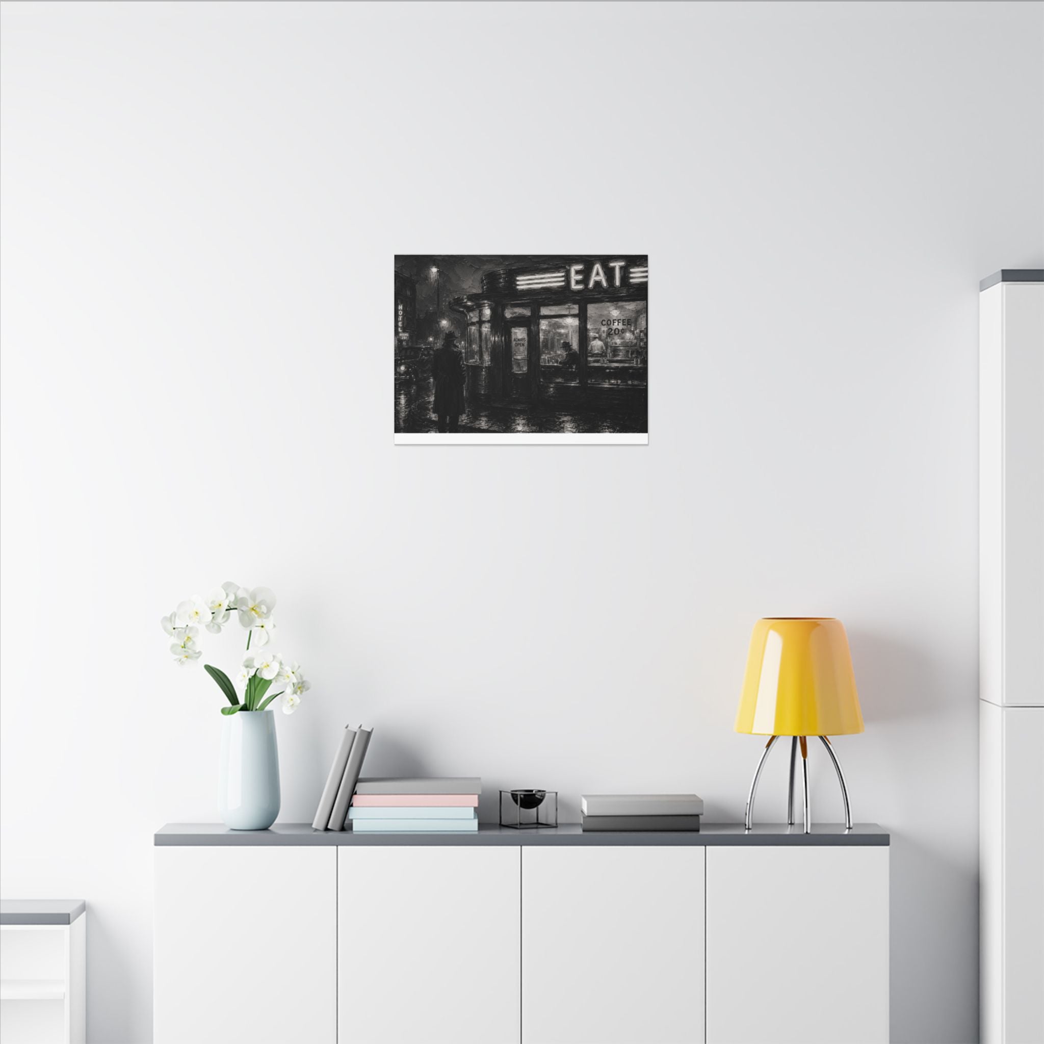 Retro Diner Night Canvas — Noir Street Scene Matte Wall Art