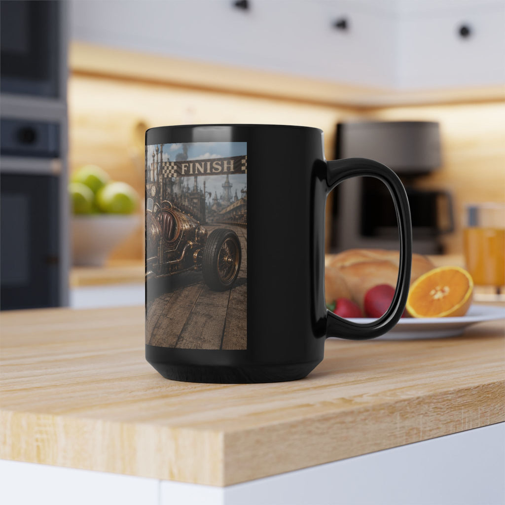 Steampunk Vintage Racecar Black Mug - 'Finish' Retro Racing Coffee Cup (11oz/15oz)