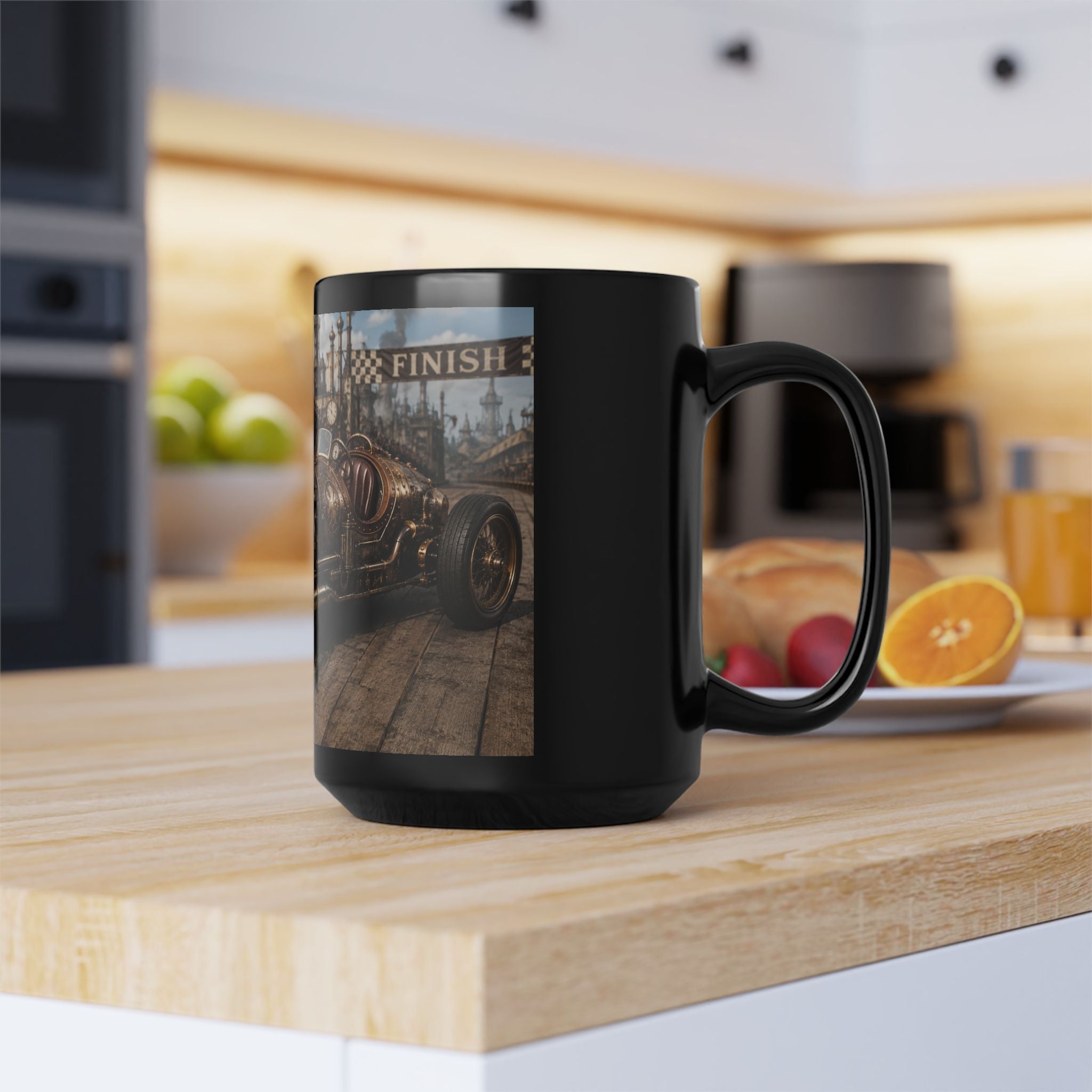 Steampunk Vintage Racecar Black Mug - 'Finish' Retro Racing Coffee Cup (11oz/15oz)