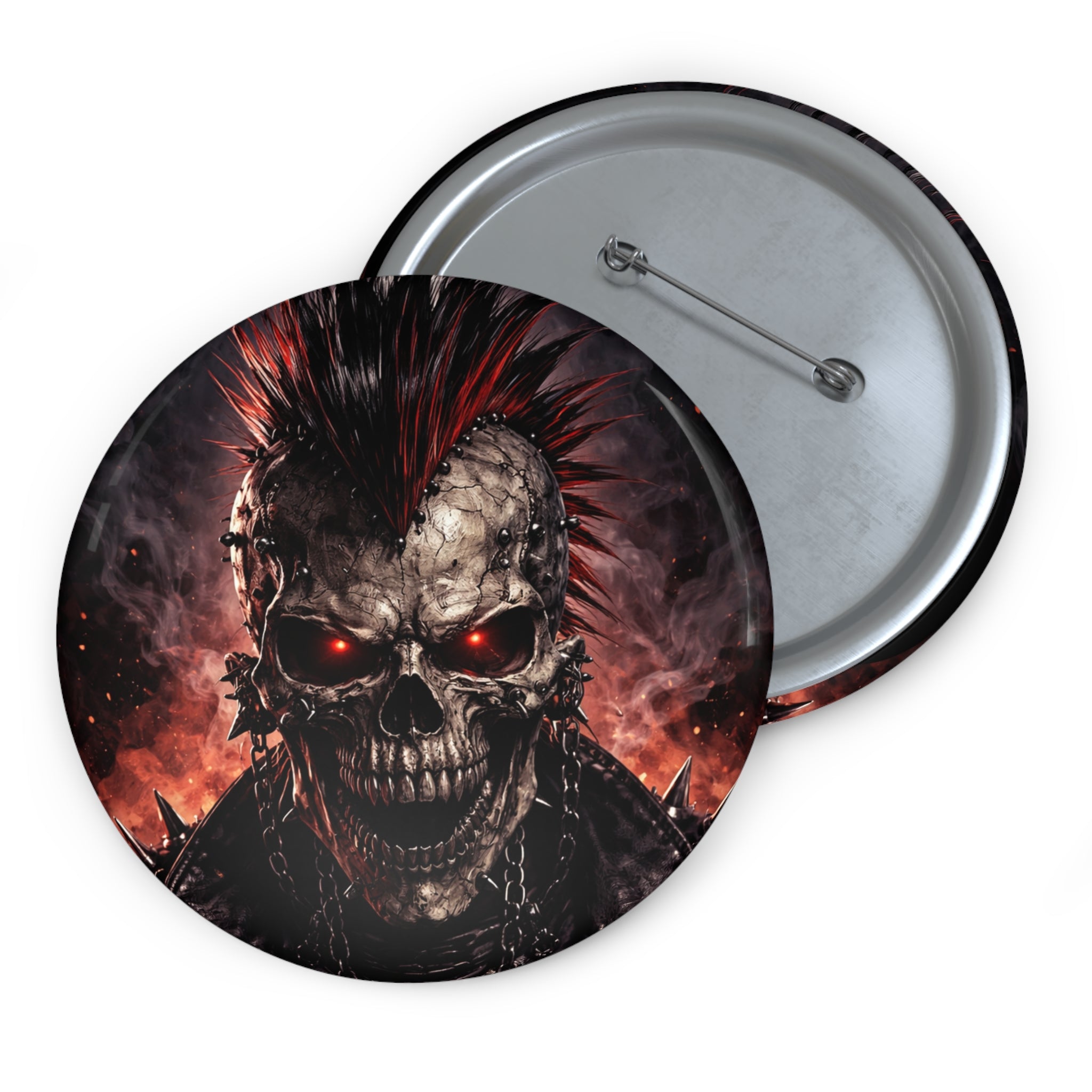 Skull Punk Button Pin — Fiery Red-Eyed Horror Badge