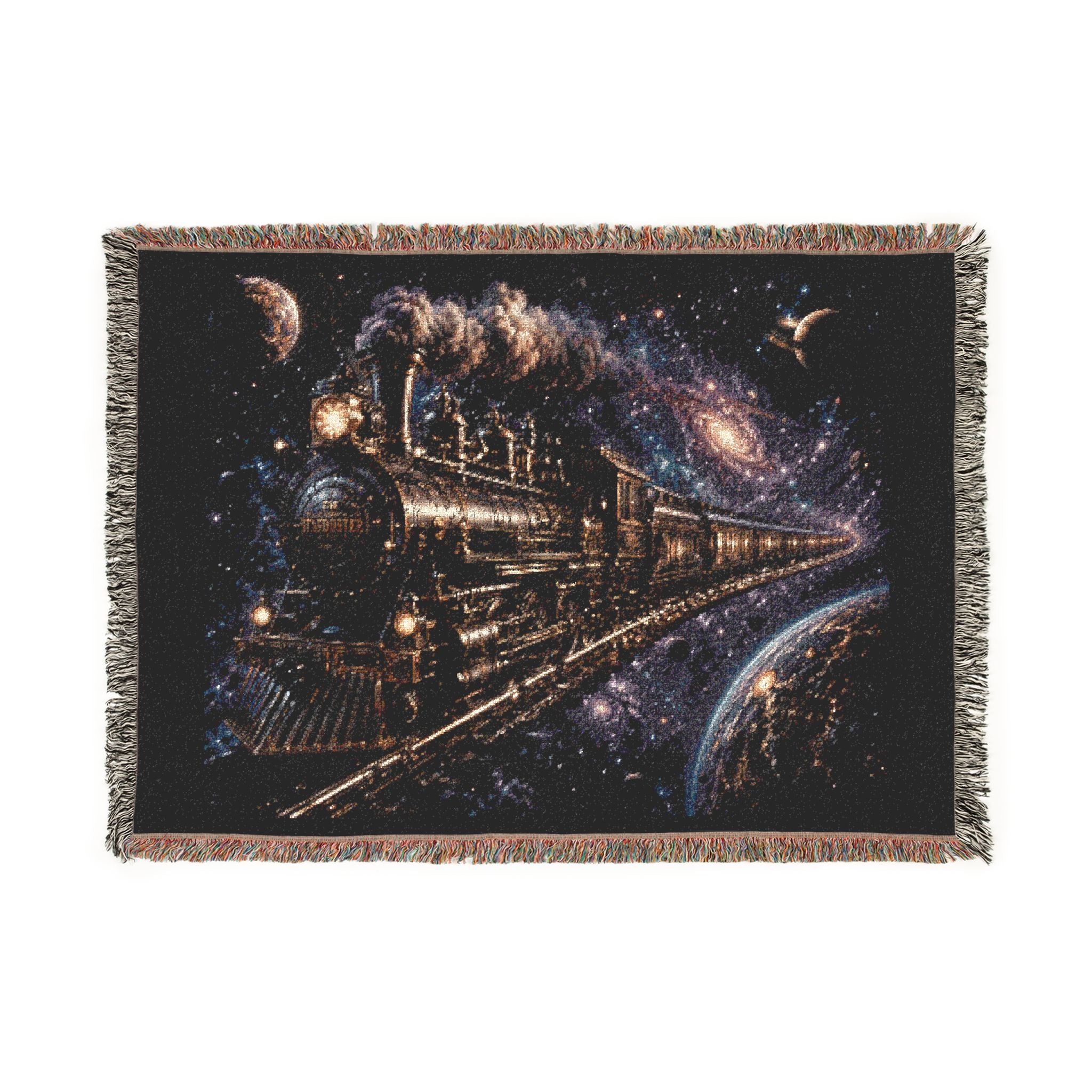Galaxy Night Train Woven Blanket — Cosmic Steam Engine Throw