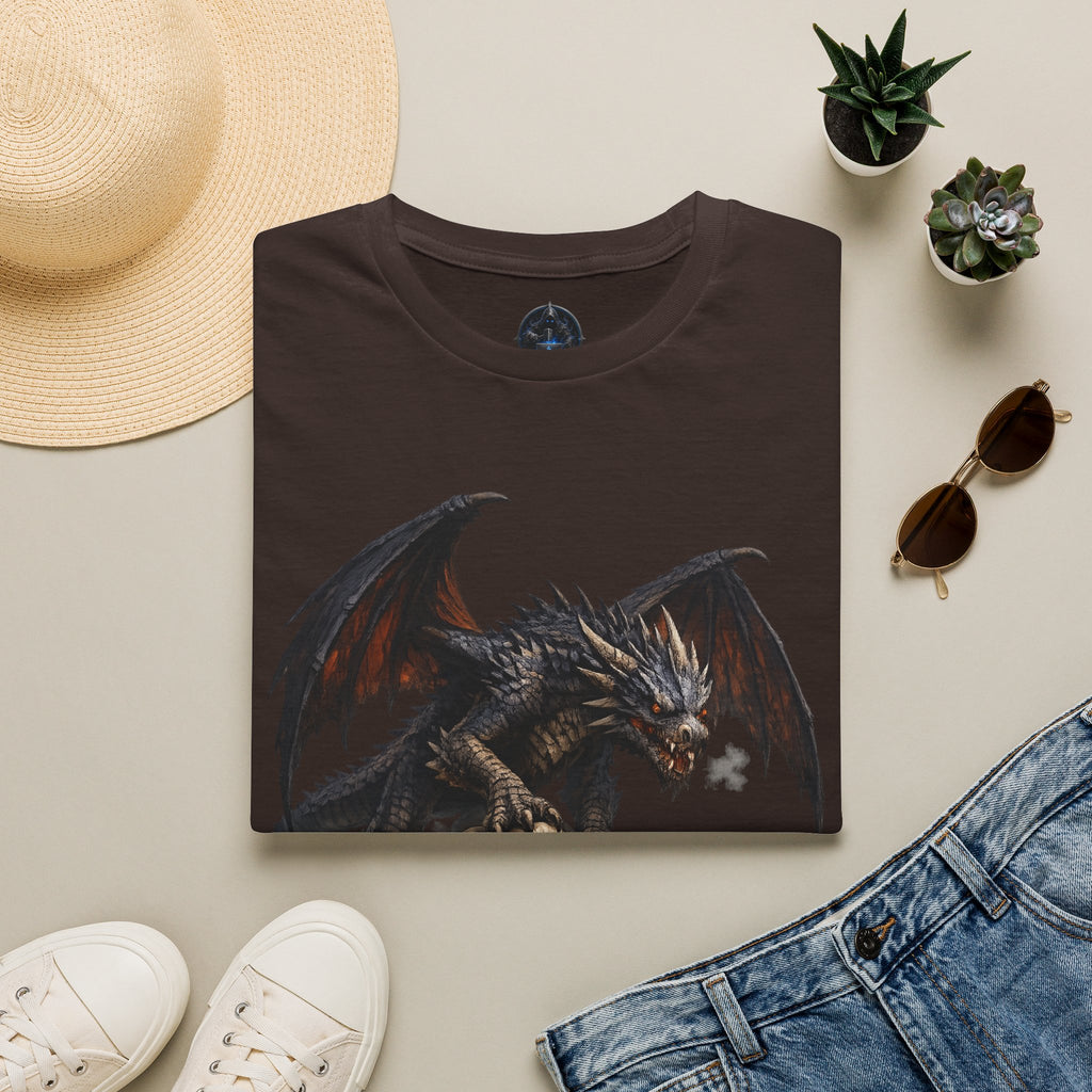 Dragon on Skull Pile Graphic T-Shirt — Dark Fantasy Winged Dragon Design