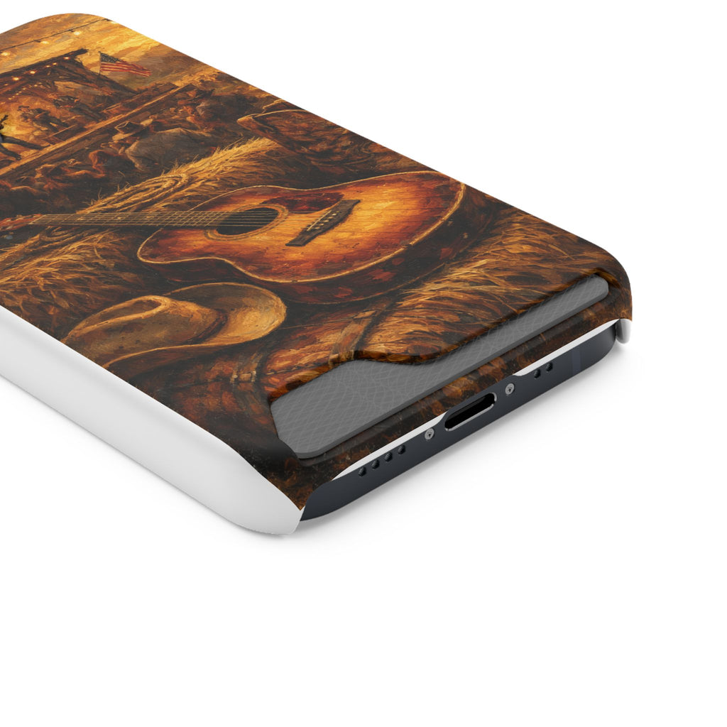 Country Music Guitar Phone Case with Card Holder — Rustic Concert Scene