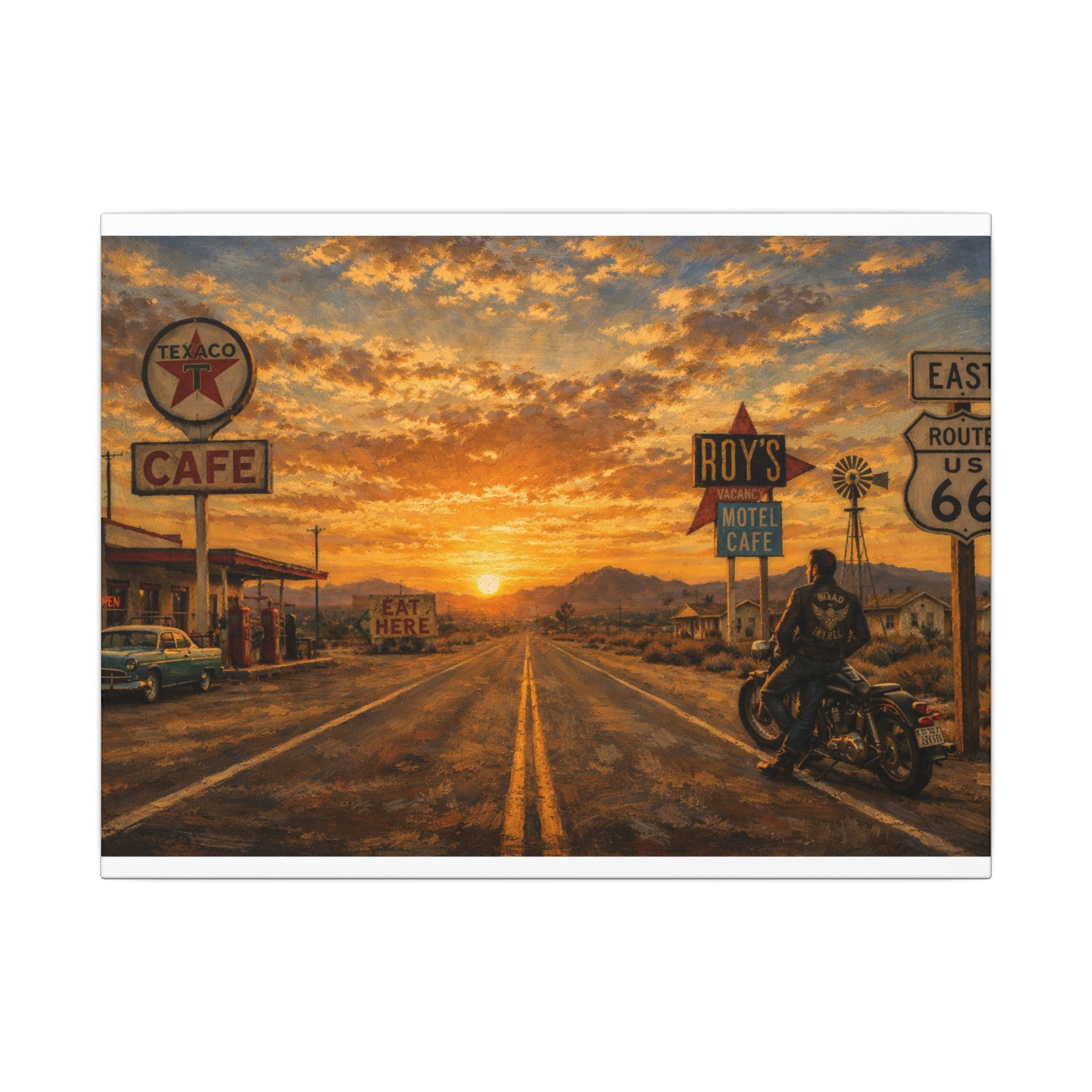 Route 66 Sunset Motorcycle Canvas Wall Art — Vintage Roadside Cafe Print