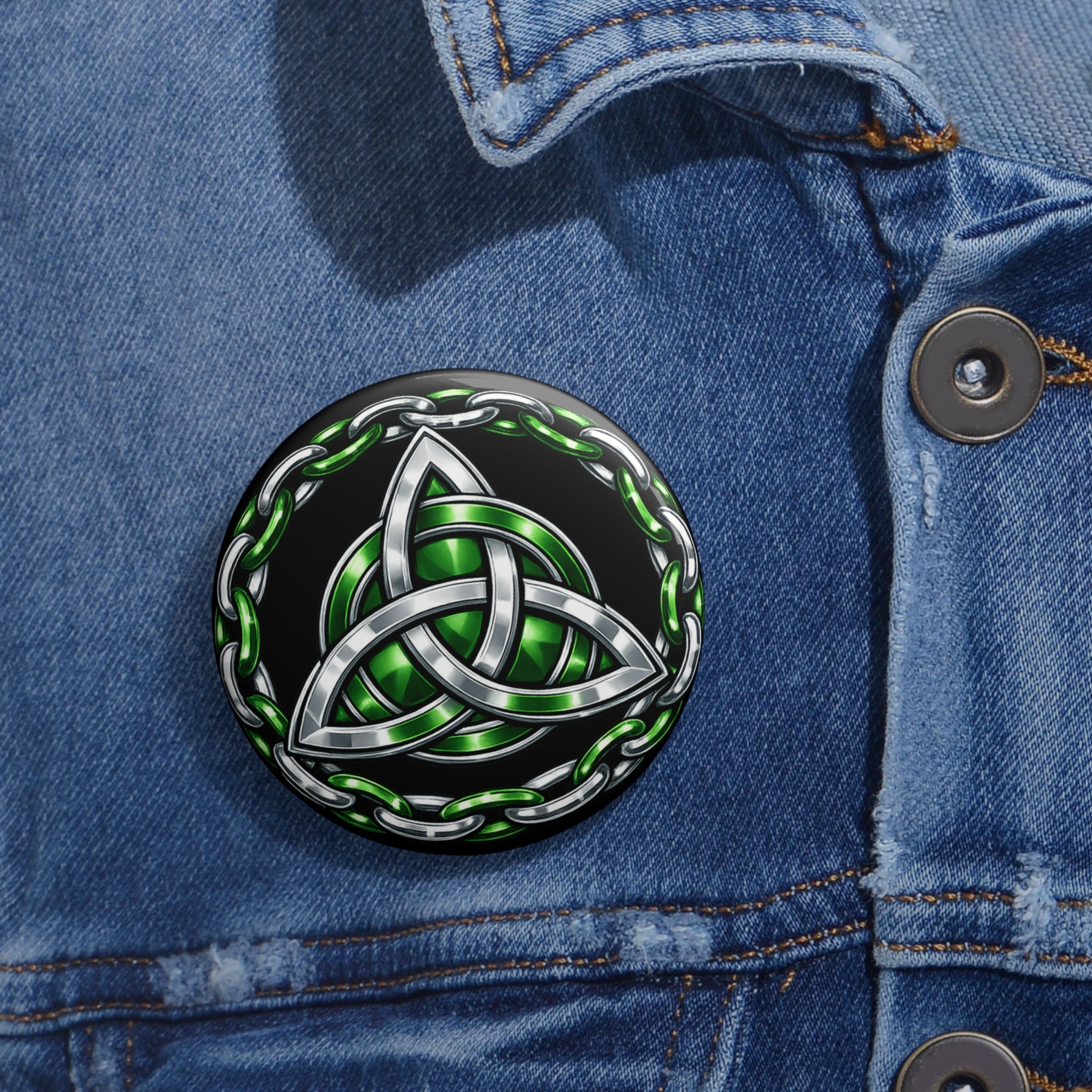 Celtic Trinity Knot Pin Button — Green Chain Pagan Paganism Lapel Badge