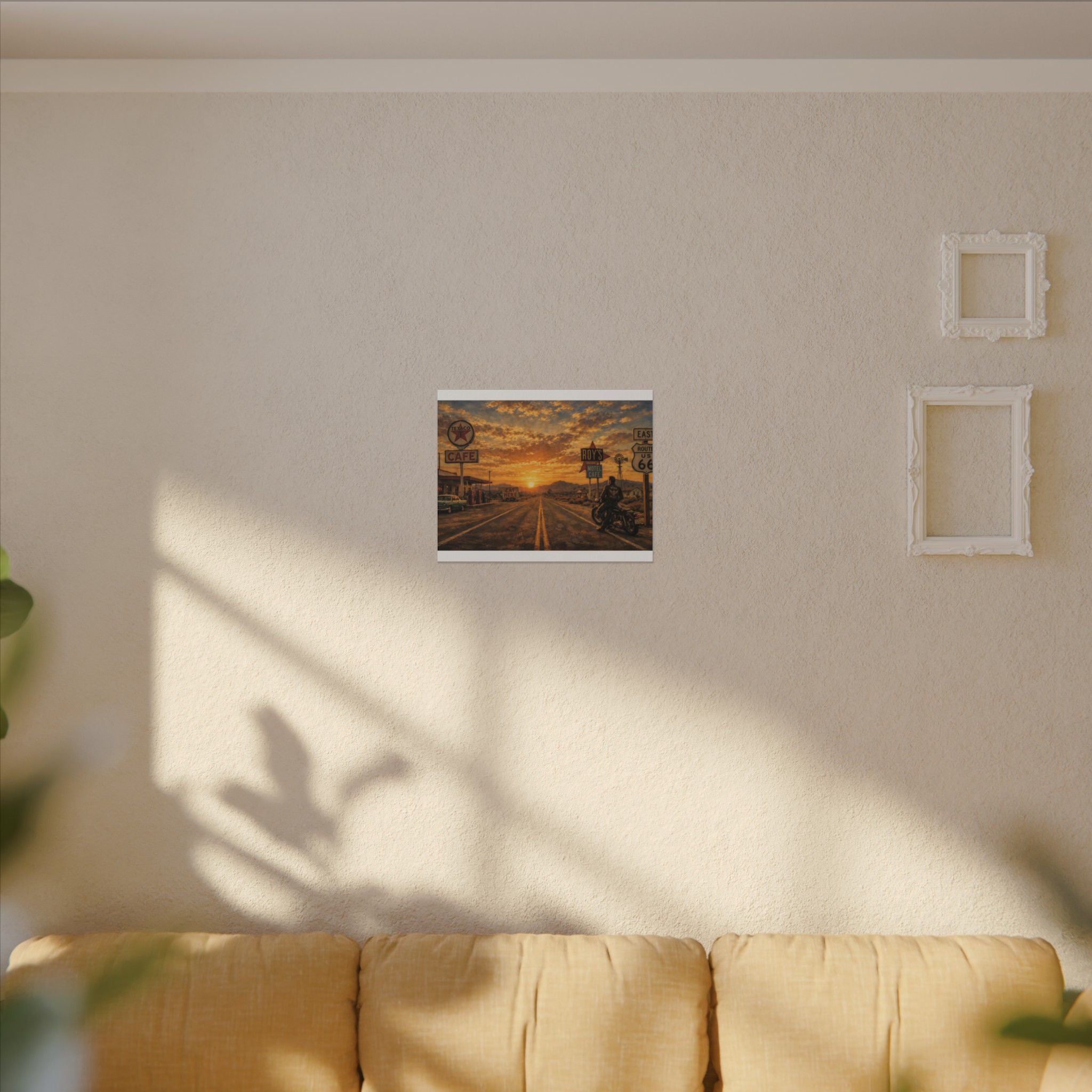 Route 66 Sunset Motorcycle Canvas Wall Art — Vintage Roadside Cafe Print