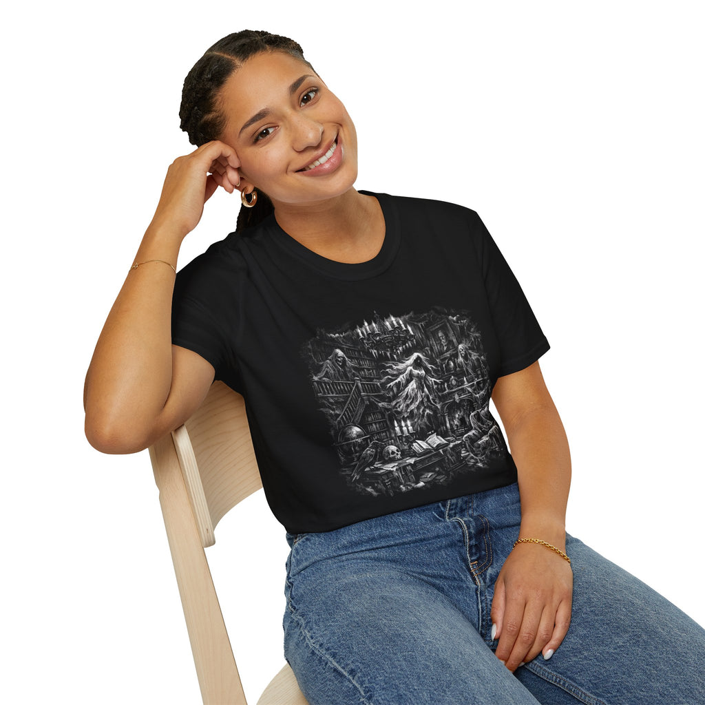 Gothic Haunted Manor T-Shirt — Ghostly Candlelit Night Design