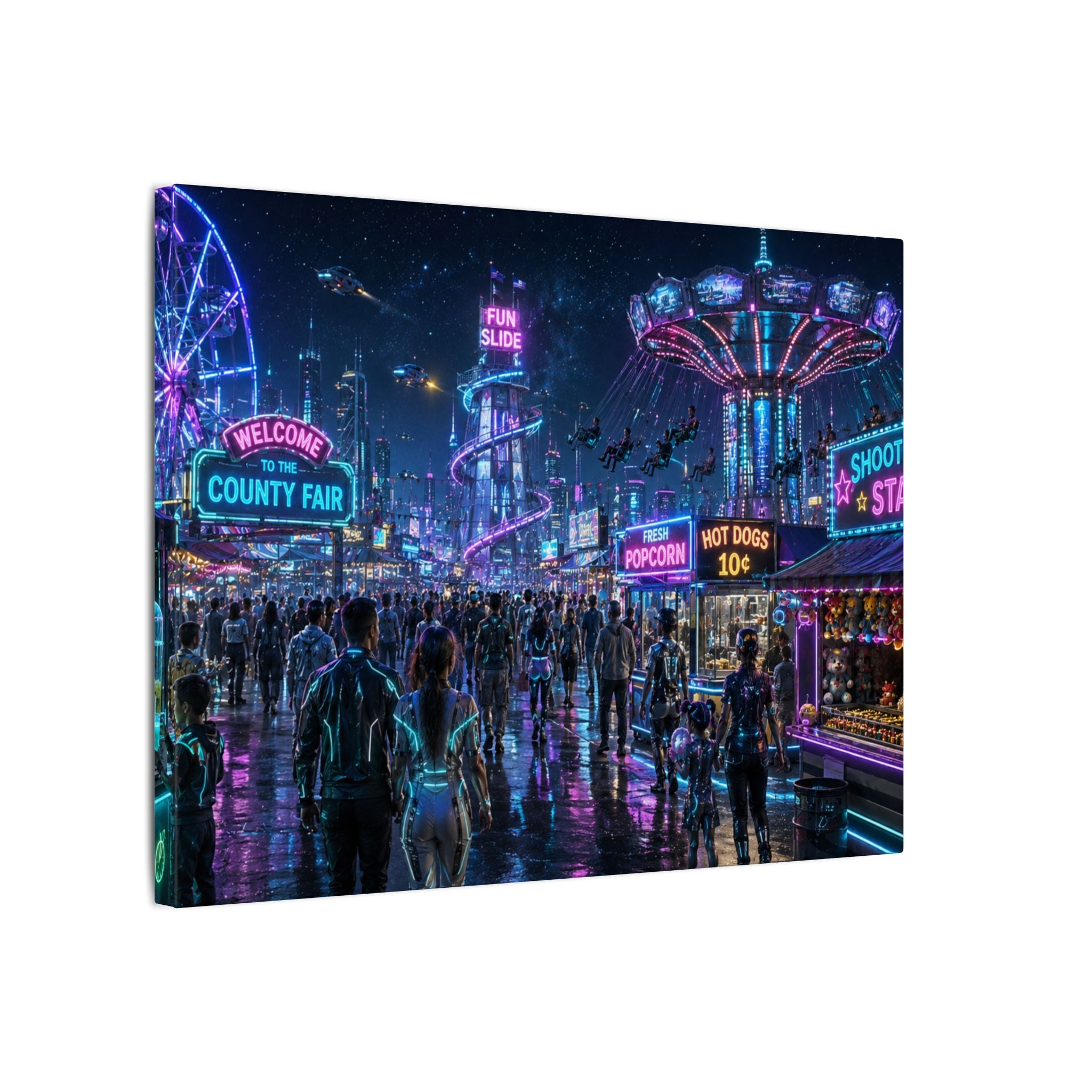 Neon County Fair Canvas Wall Art — Stretched Matte Carnival Nightscape