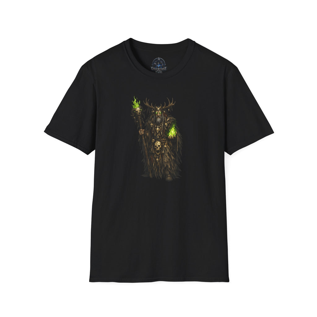 Druid Necromancer T‑Shirt — Green Flame Forest Shaman Graphic Tee