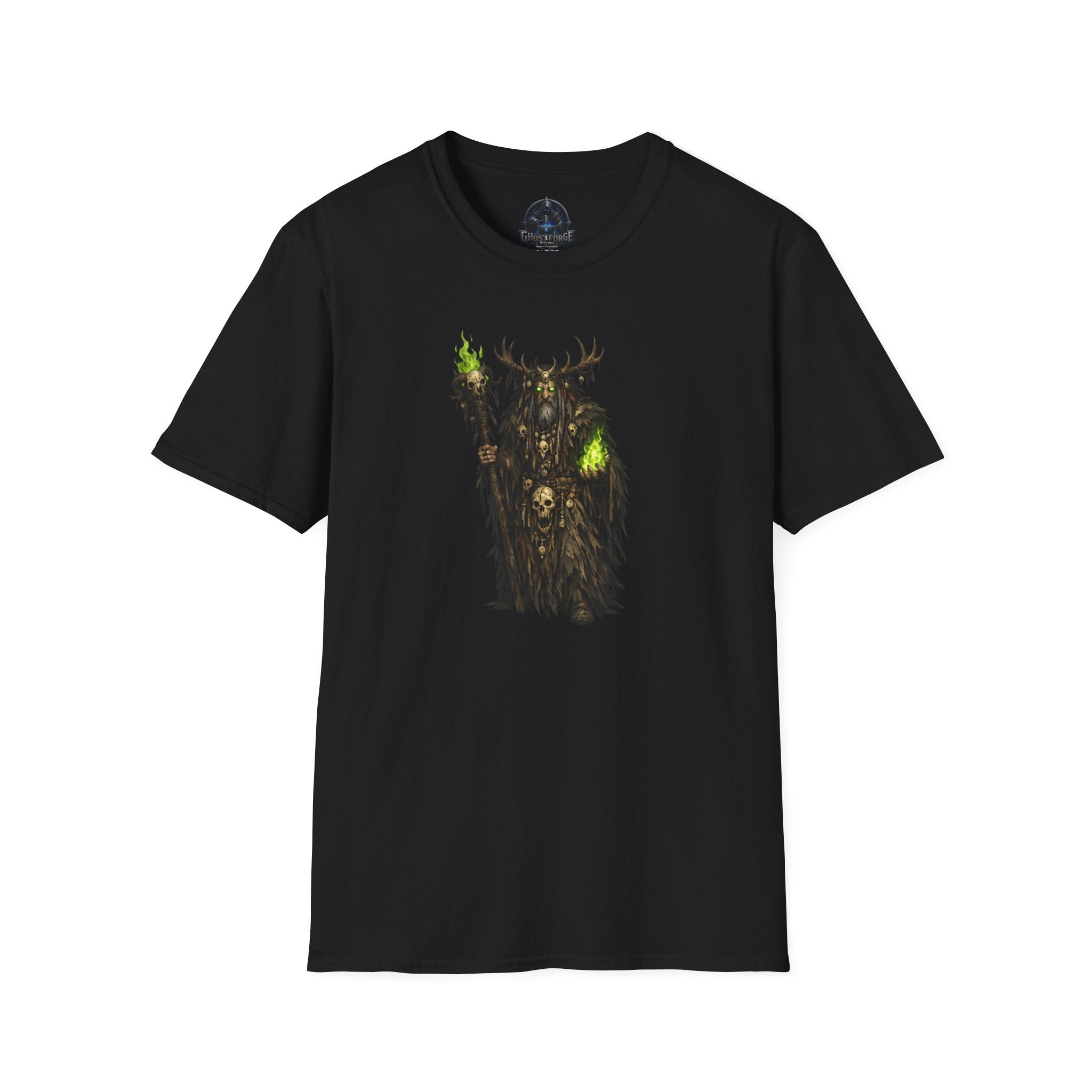 Druid Necromancer T‑Shirt — Green Flame Forest Shaman Graphic Tee