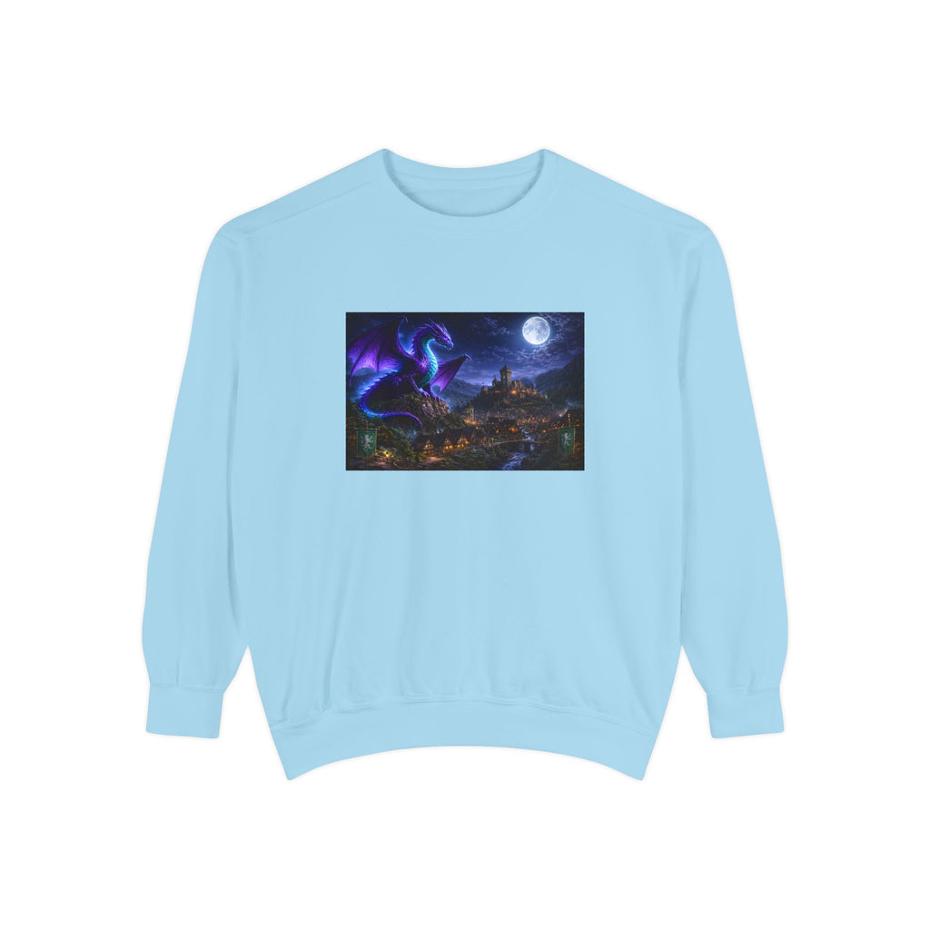 Dragon Night Sweatshirt — Mystical Purple Dragon Over Moonlit Village