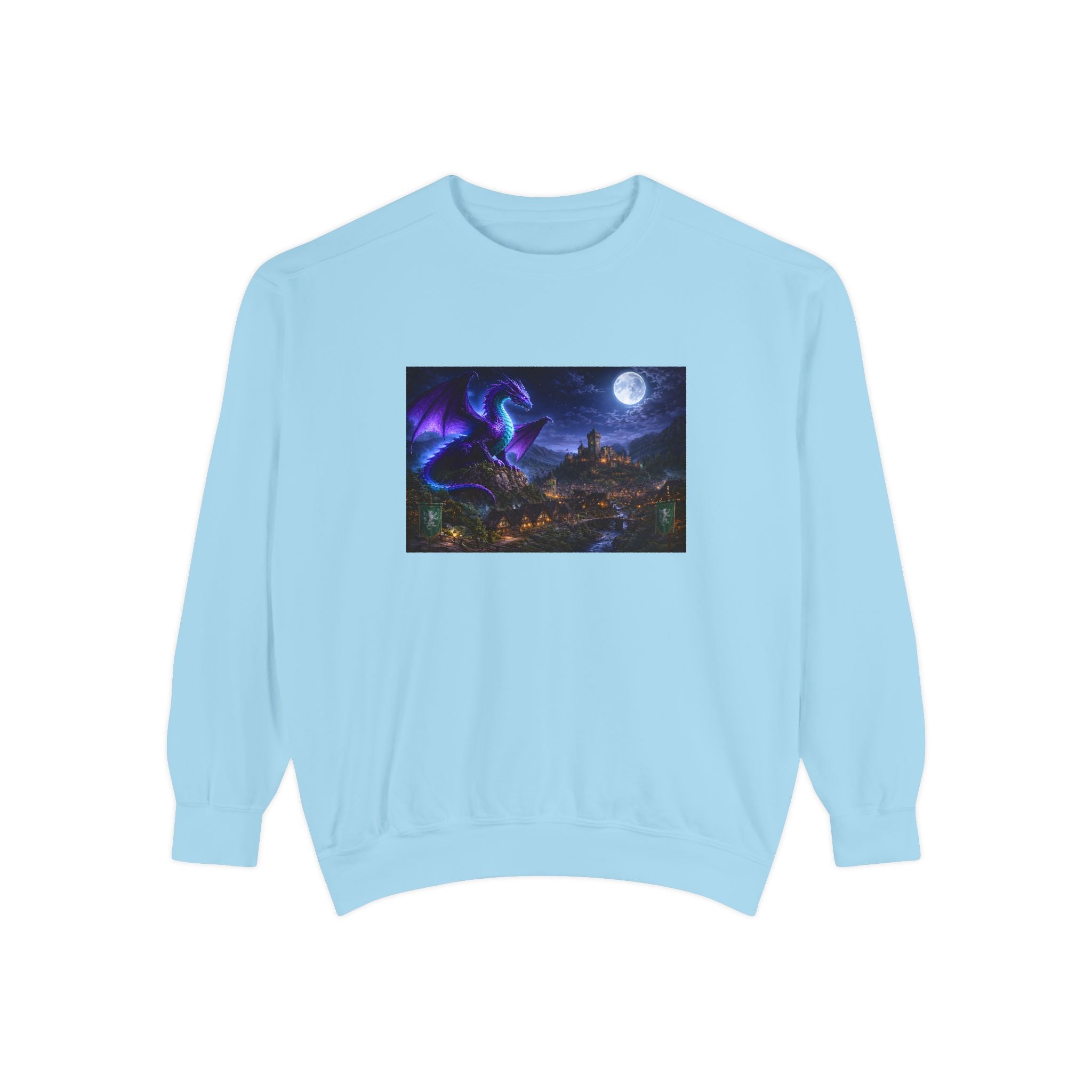 Dragon Night Sweatshirt — Mystical Purple Dragon Over Moonlit Village