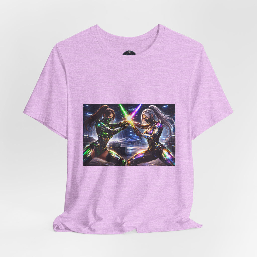 Sci‑Fi Duel Graphic Tee — Neon Cyber Warriors Chest Print