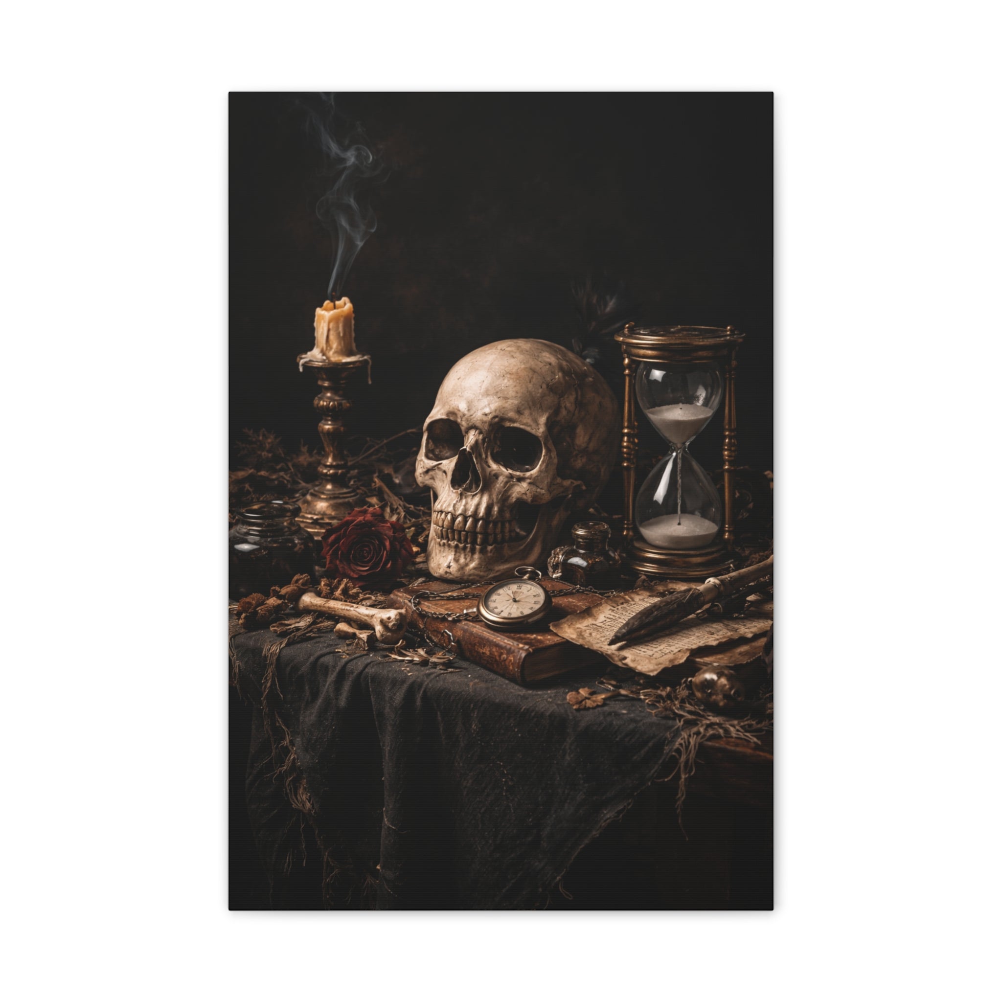 Memento Mori - Still Life Canvas — Skull, Hourglass & Candle Wall Art