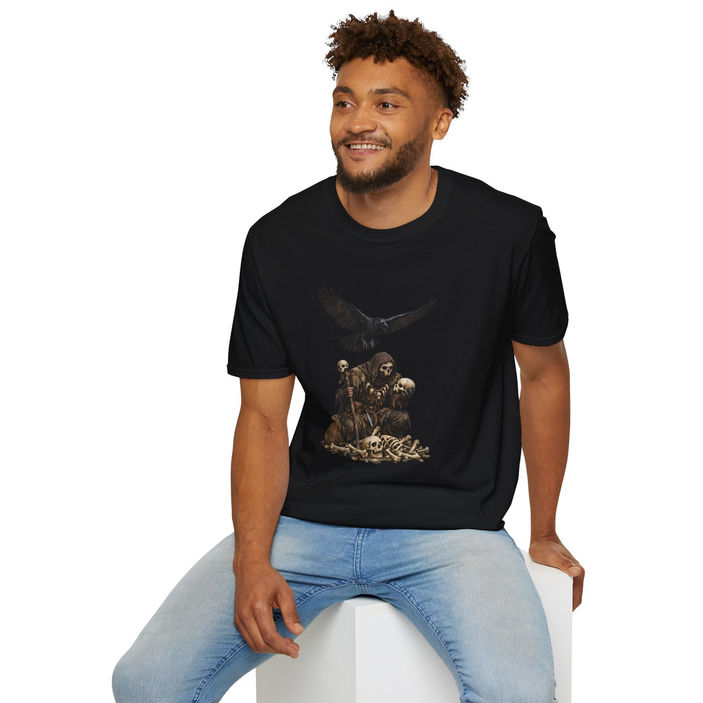 Bone Collector & Raven T-Shirt — Gothic Skull Cemetery Tee