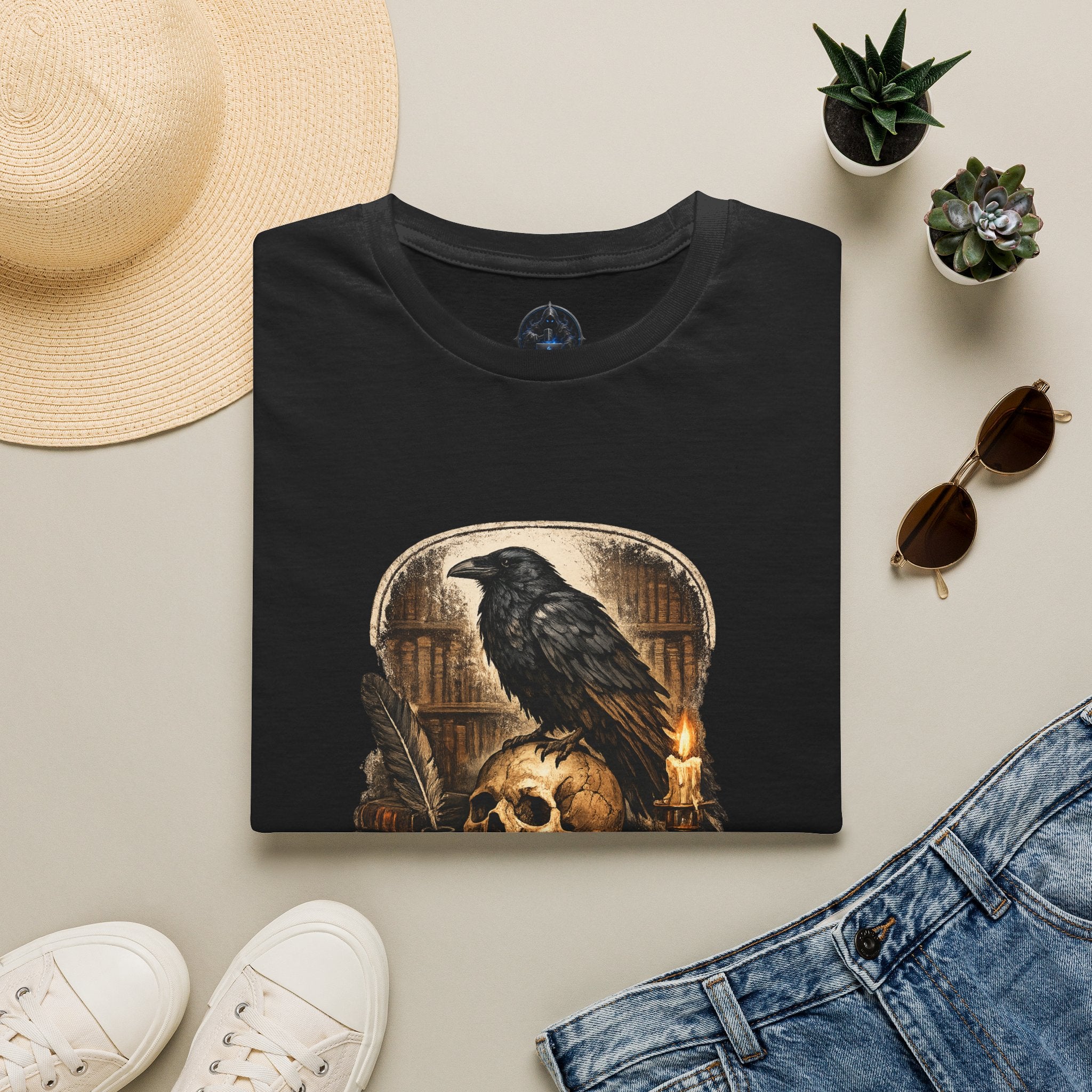 Raven on Skull T‑Shirt – Gothic Crow Skull Candle Design