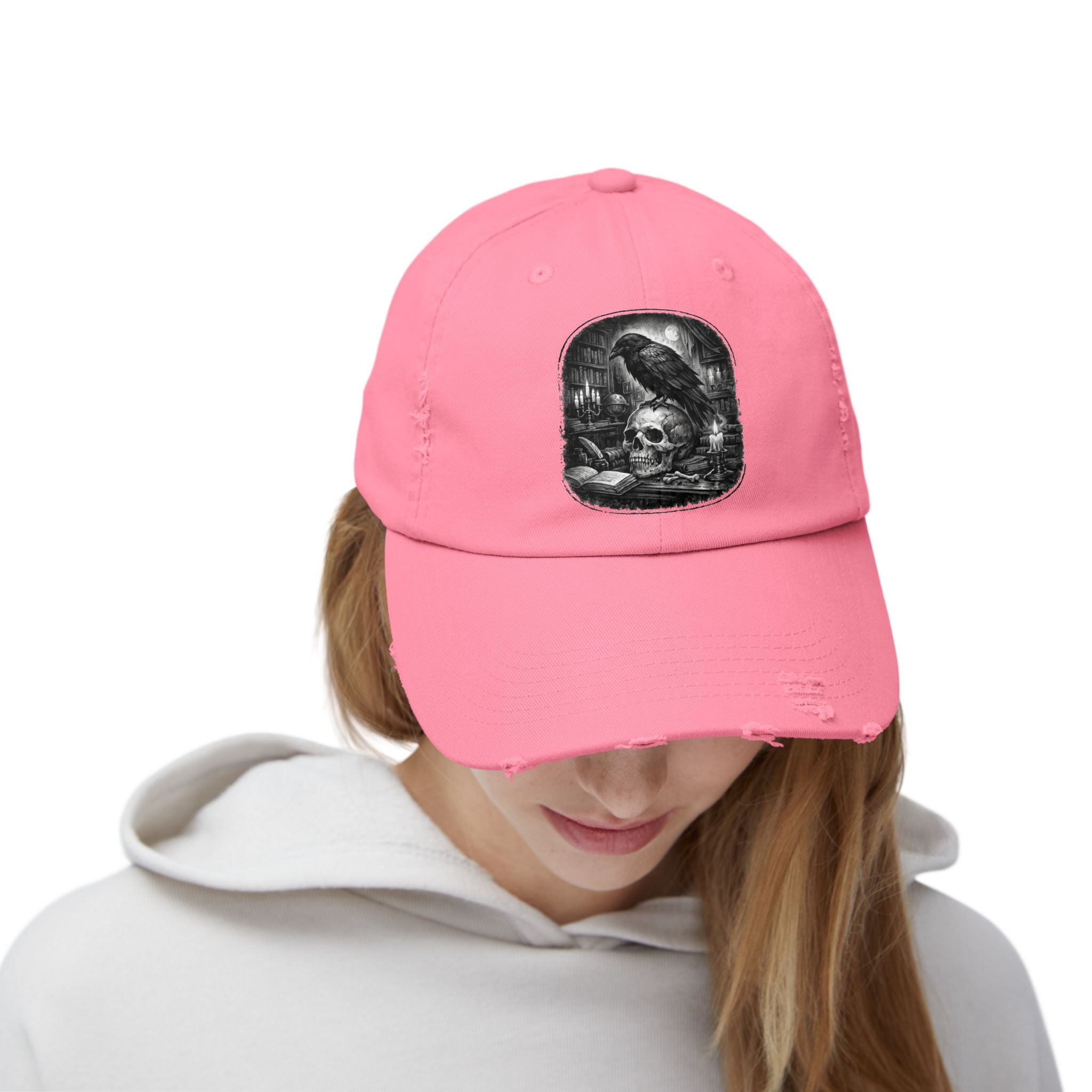 Distressed Raven & Skull Cap — Gothic Vintage Baseball Hat