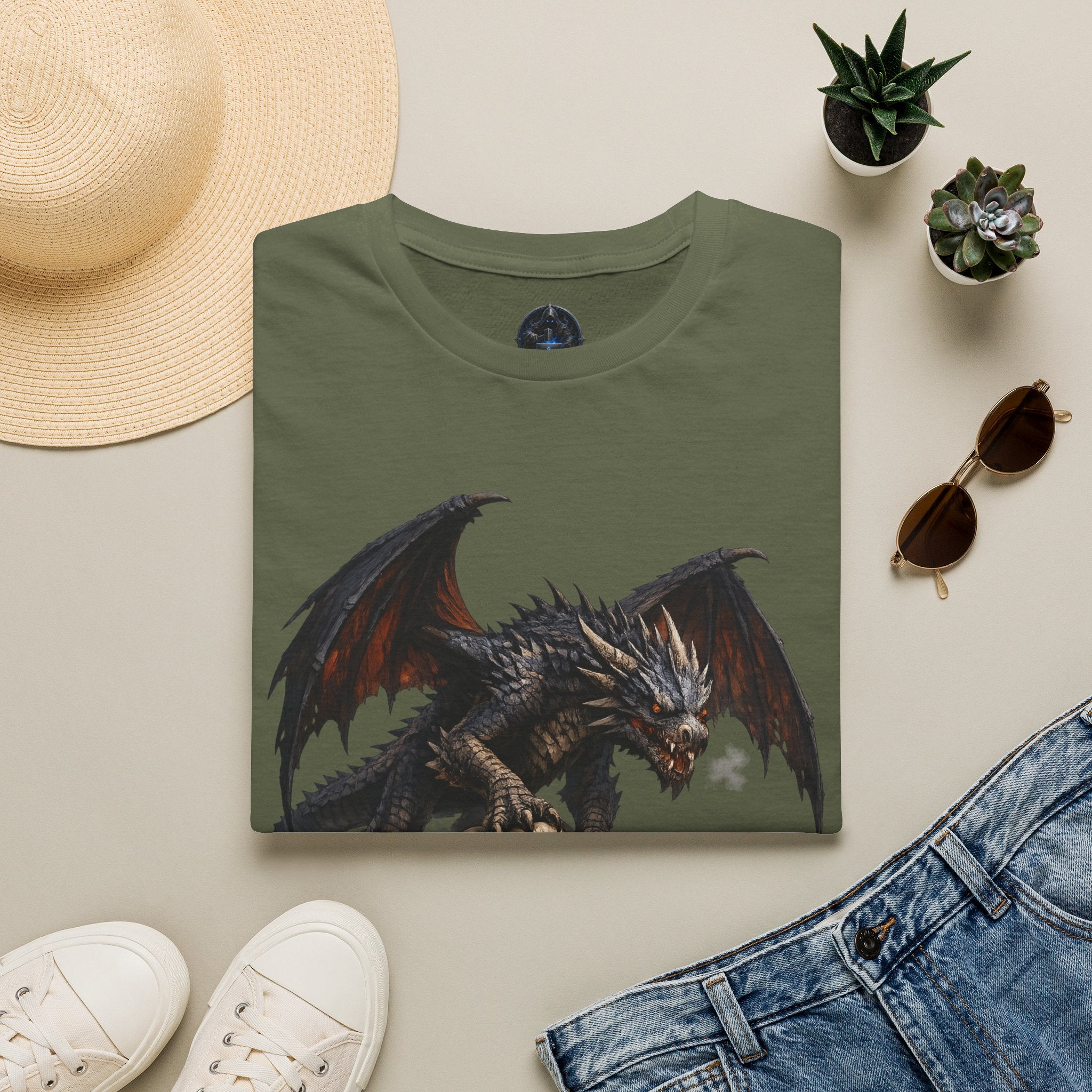 Dragon on Skull Pile Graphic T-Shirt — Dark Fantasy Winged Dragon Design