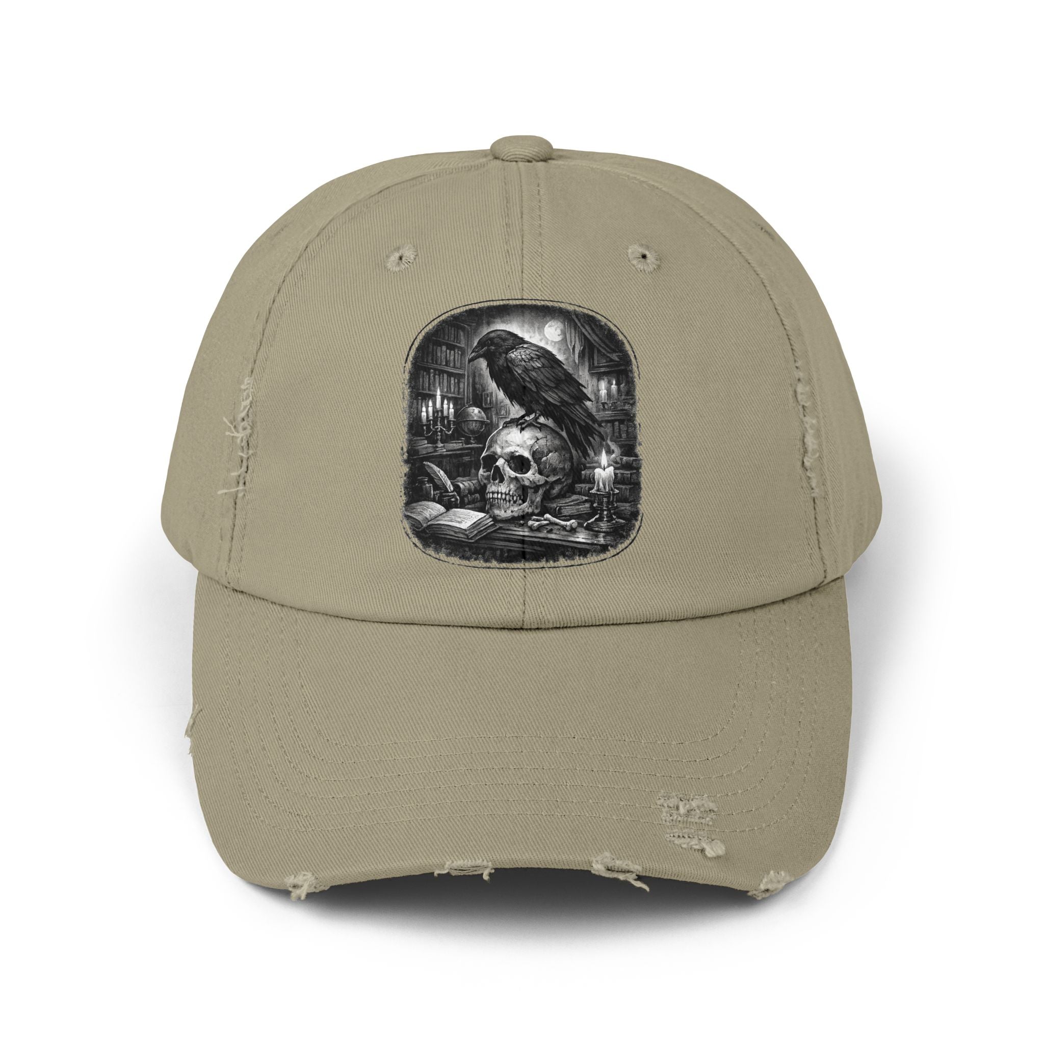 Distressed Raven & Skull Cap — Gothic Vintage Baseball Hat