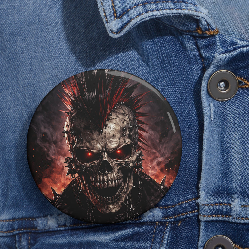 Skull Punk Button Pin — Fiery Red-Eyed Horror Badge