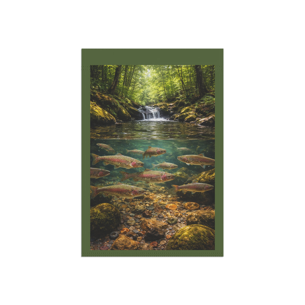 Trout Stream Garden Flag – Woodland Waterfall Yard Banner