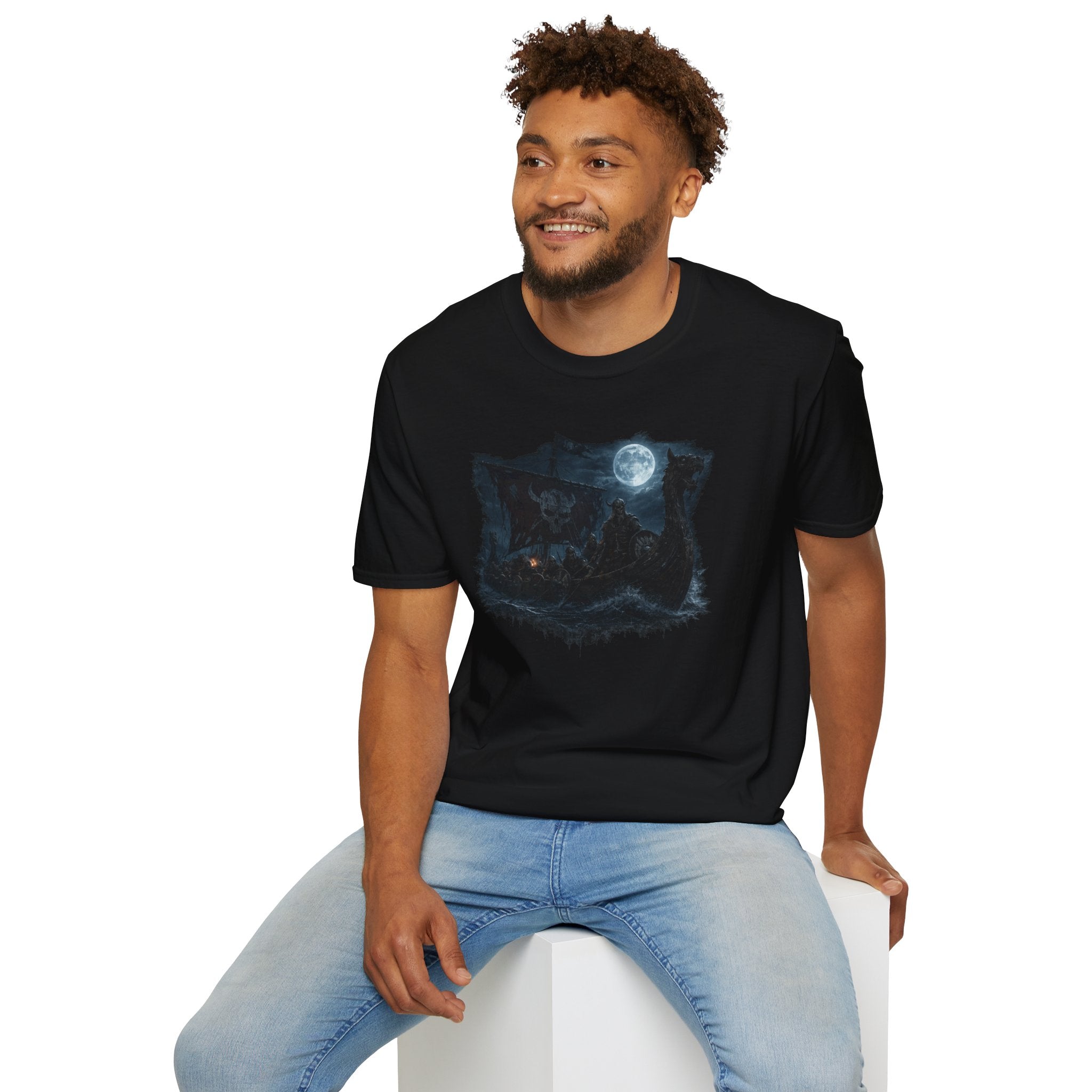 Moonlit Viking Ghost Ship T-Shirt — Nordic Fantasy Graphic Tee