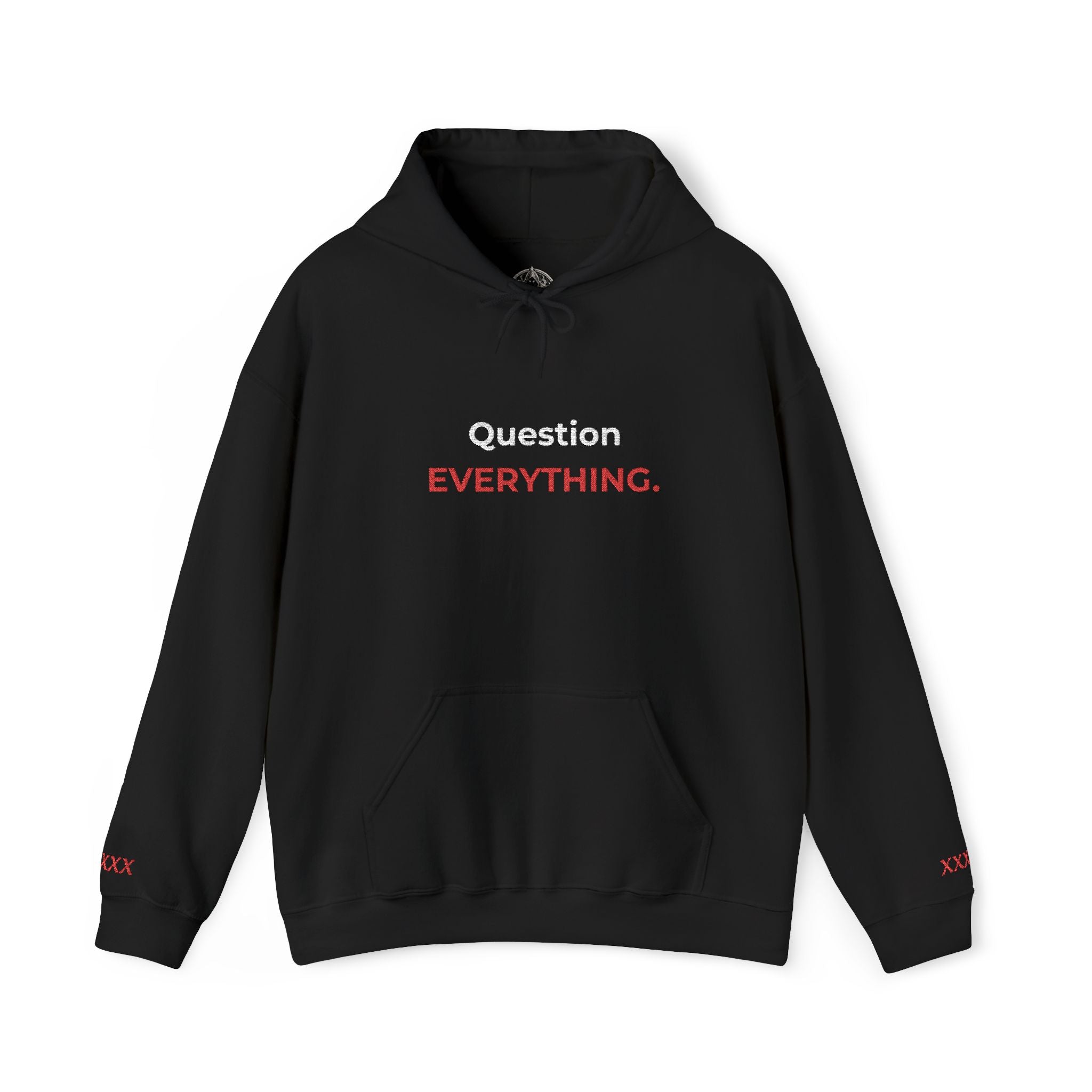 Question Everything Hoodie – Bold Red & White Graphic Pullover