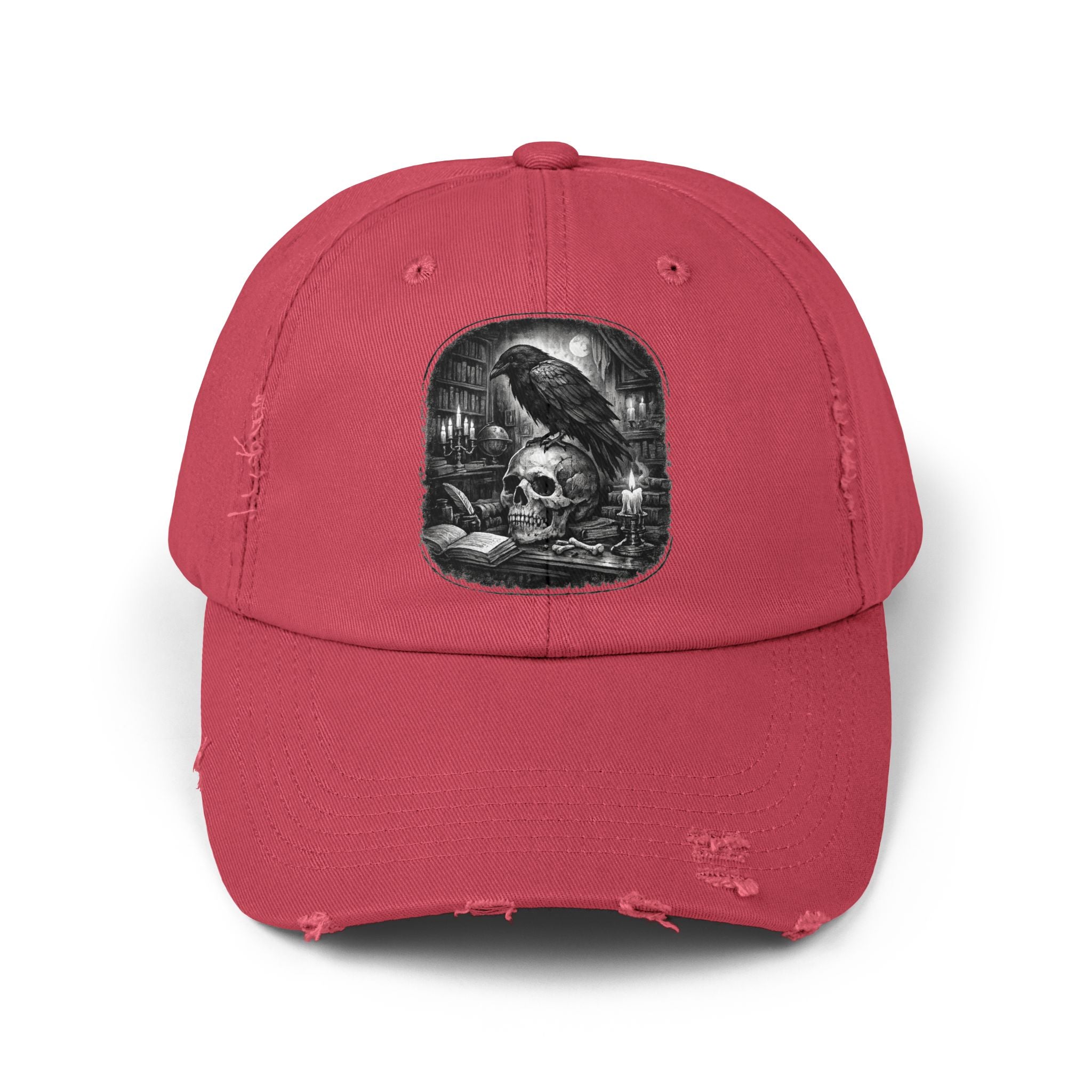 Distressed Raven & Skull Cap — Gothic Vintage Baseball Hat