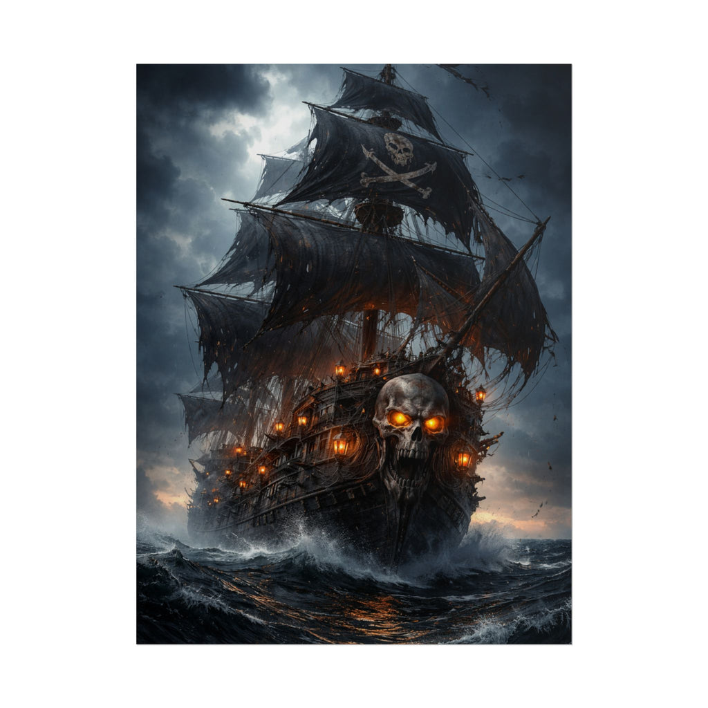 Haunted Pirate Ship Rolled Poster — Dark Skull Ghost Ship Wall Art