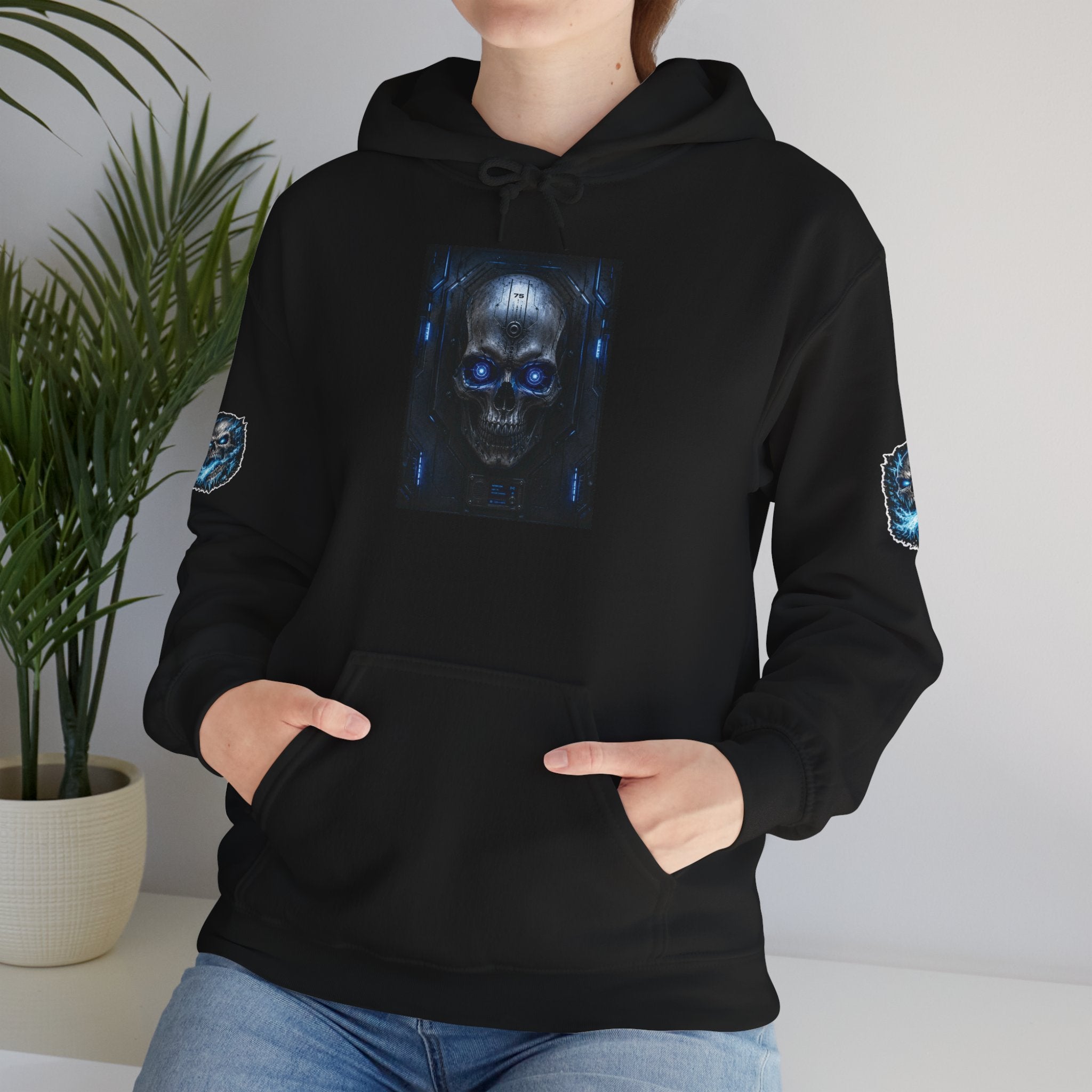 Premium Skull Hoodie — Blue Cyber Skull Graphic Pullover