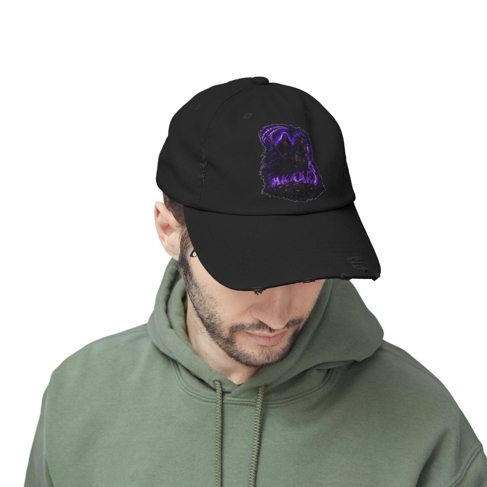 Distressed Black Cap — Purple Glowing Reaper Design