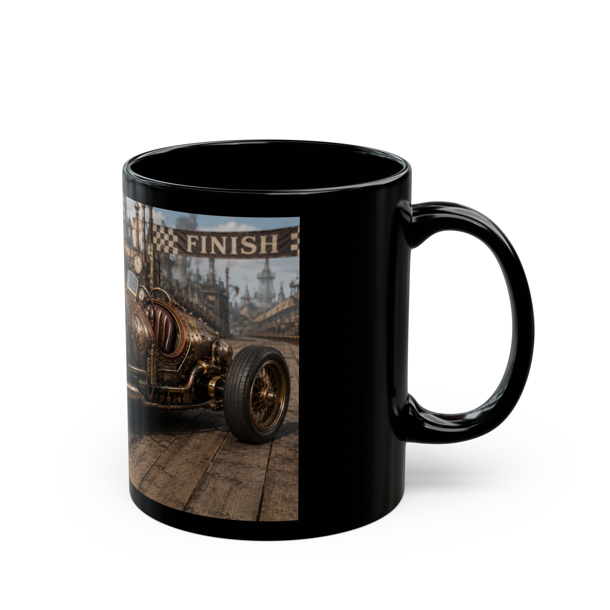 Steampunk Vintage Racecar Black Mug - 'Finish' Retro Racing Coffee Cup (11oz/15oz)