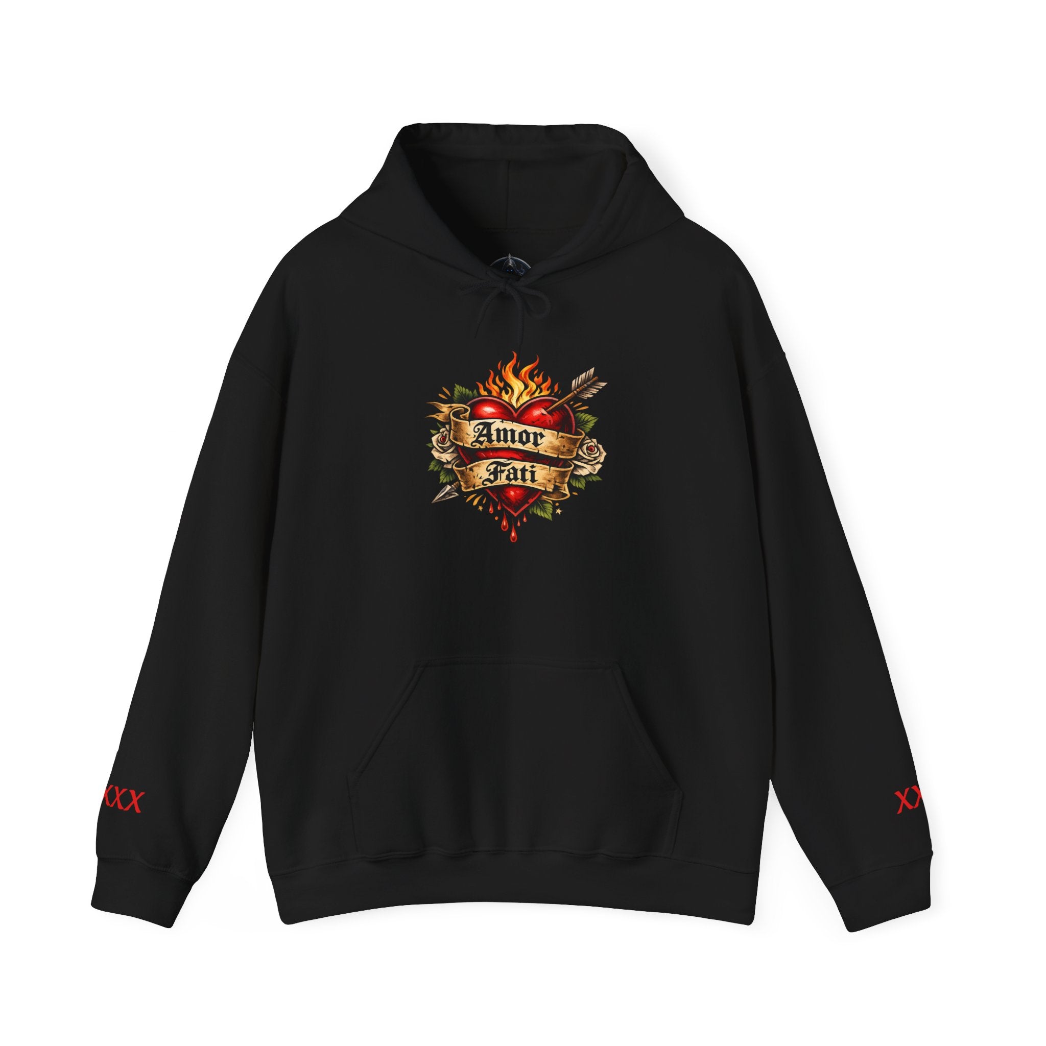 Amor Fati Flaming Heart Hoodie — Tattoo-Style Motivational Pullover