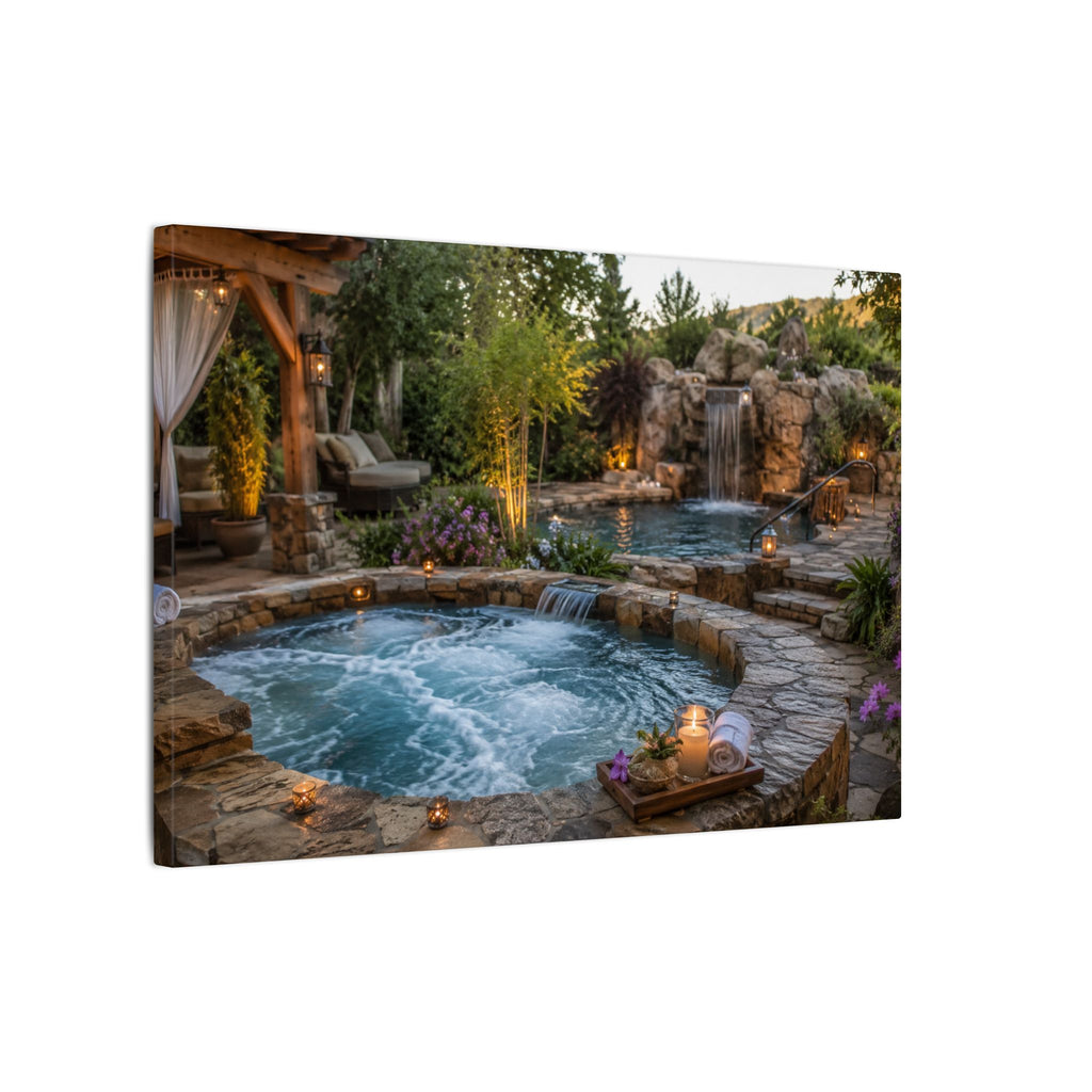 Relaxing Backyard Spa Canvas Wall Art – Tranquil Pool & Waterfall Scene