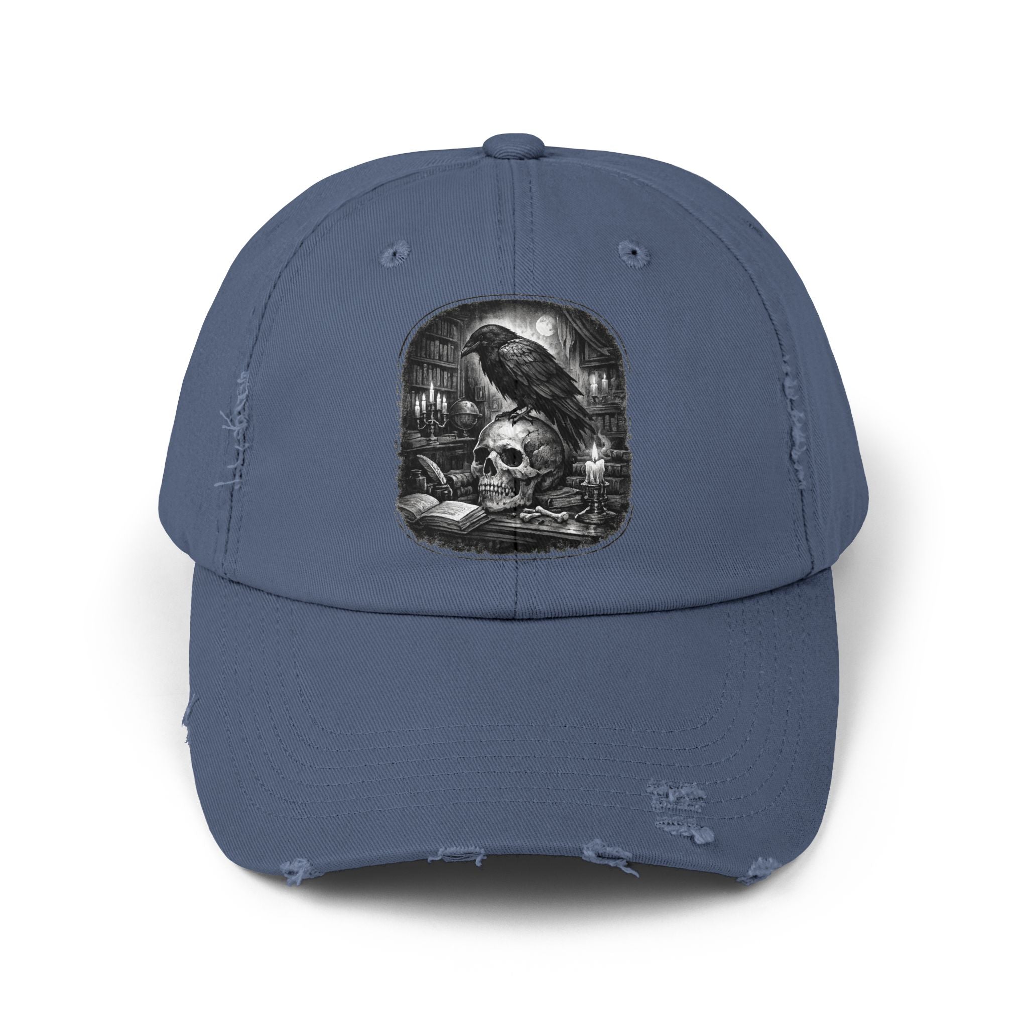 Distressed Raven & Skull Cap — Gothic Vintage Baseball Hat