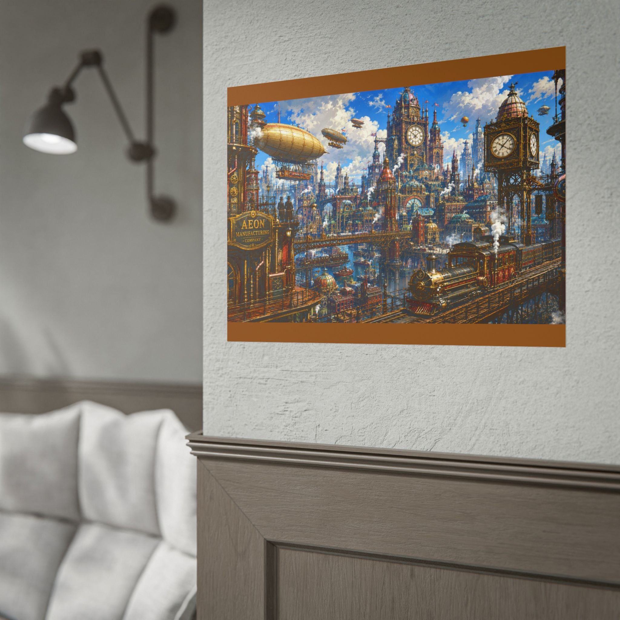 Steampunk Cityscape Poster — Vintage Airships & Clocktower Rolled Art Print