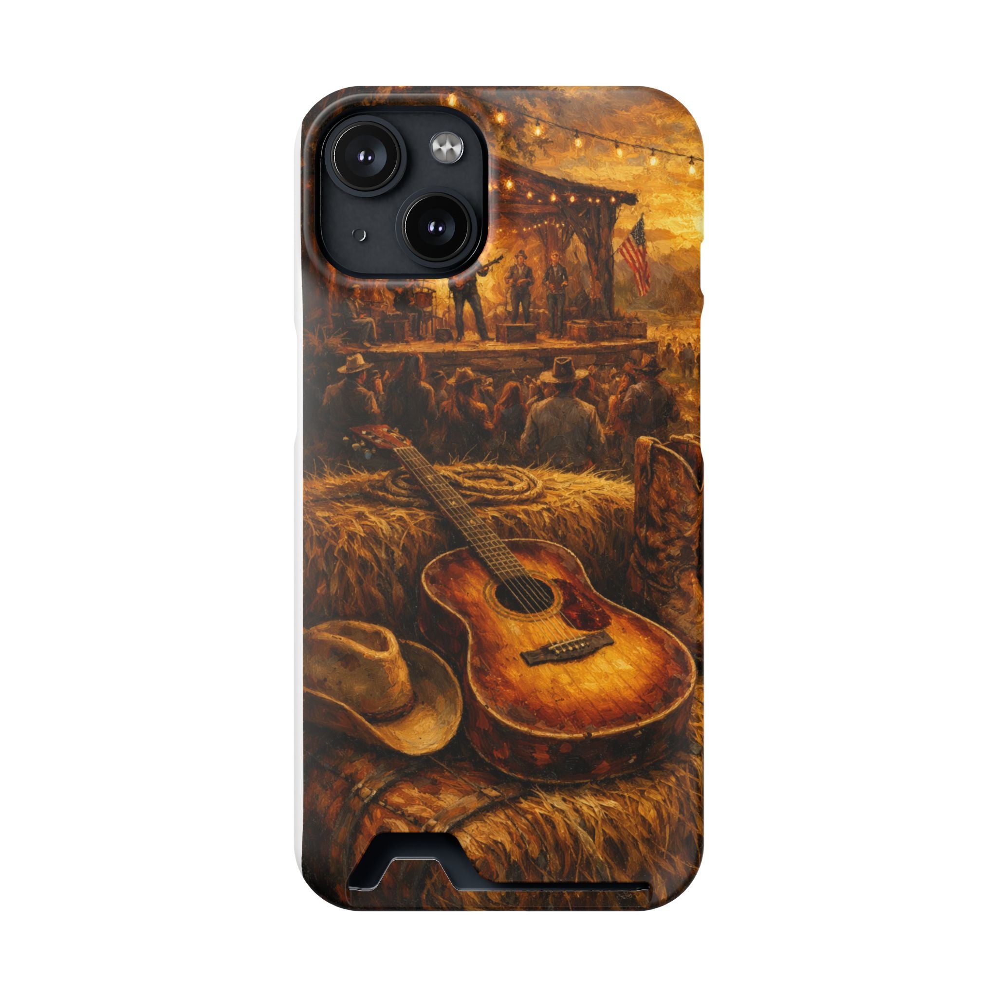 Country Music Guitar Phone Case with Card Holder — Rustic Concert Scene