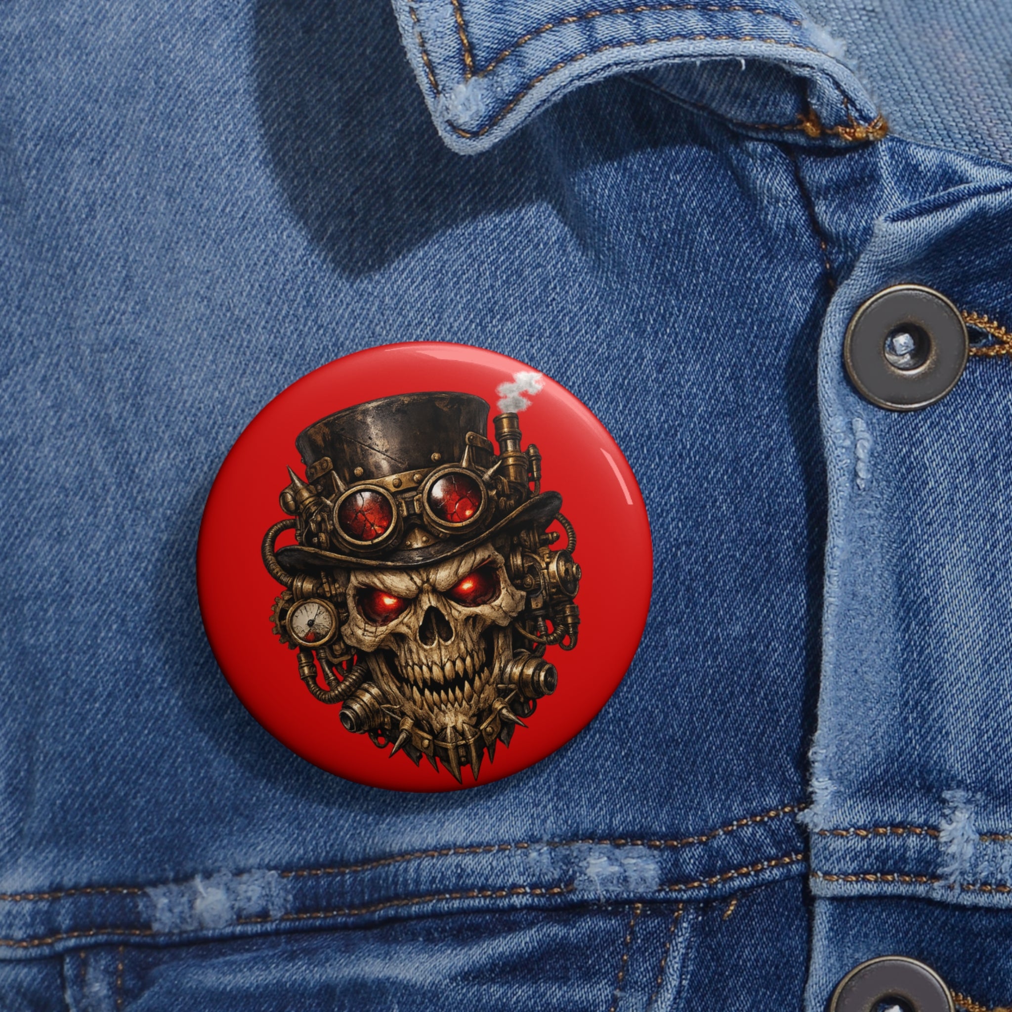 Skull Steampunk Pin Button — Red Gothic Skull Badge